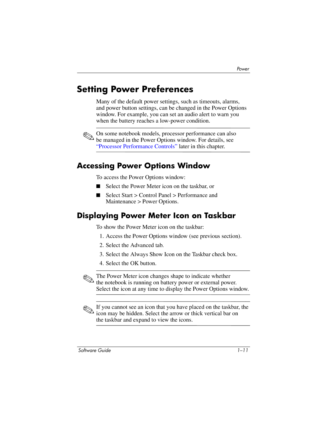 HP 355385-001 manual Setting Power Preferences, Accessing Power Options Window, Displaying Power Meter Icon on Taskbar 