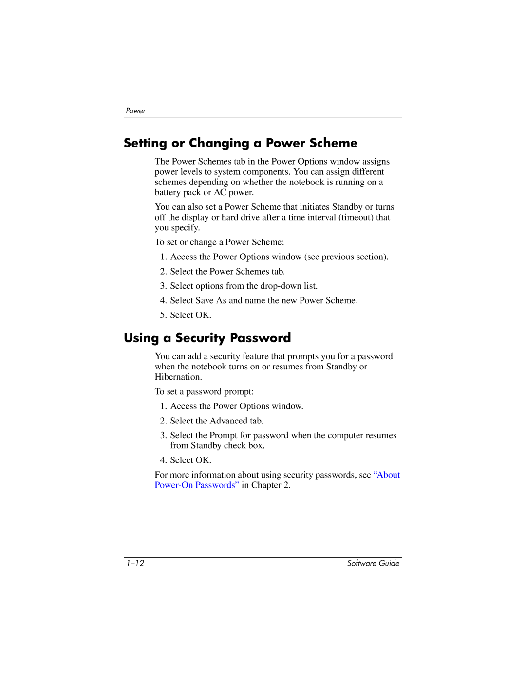 HP 355385-001 manual Setting or Changing a Power Scheme, Using a Security Password 