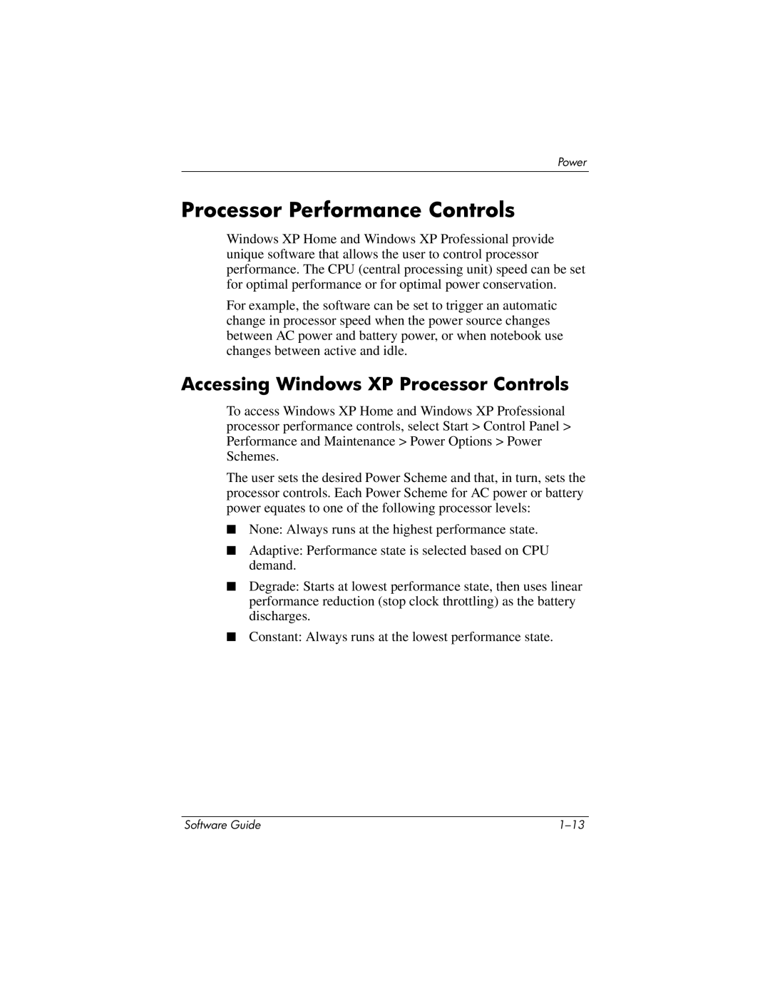 HP 355385-001 manual Processor Performance Controls, Accessing Windows XP Processor Controls 