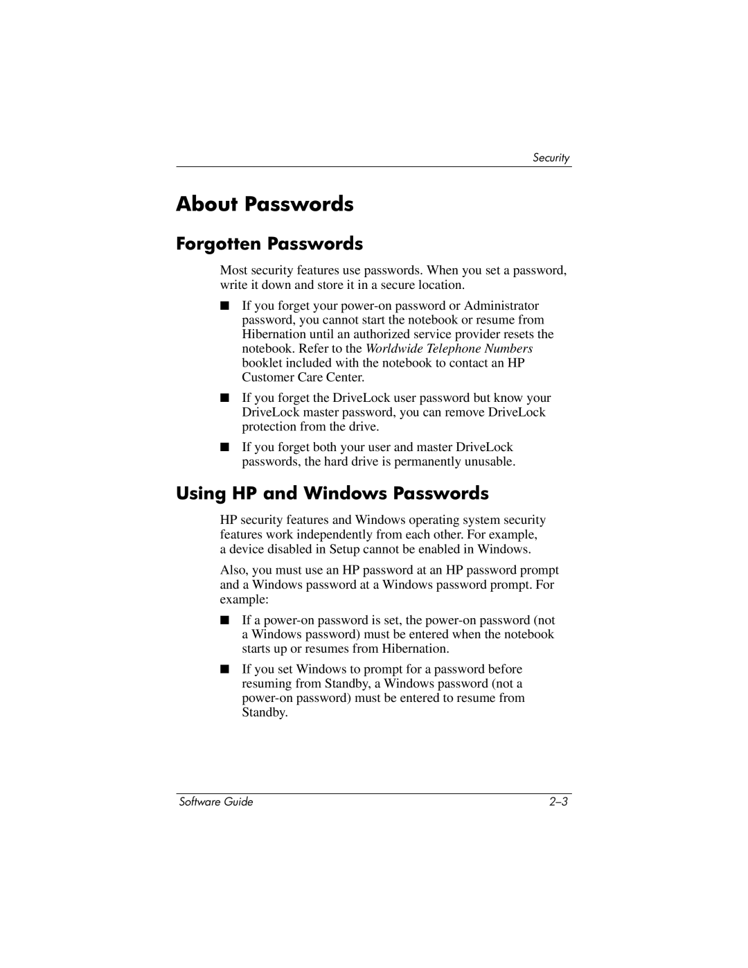 HP 355385-001 manual About Passwords, Forgotten Passwords, Using HP and Windows Passwords 