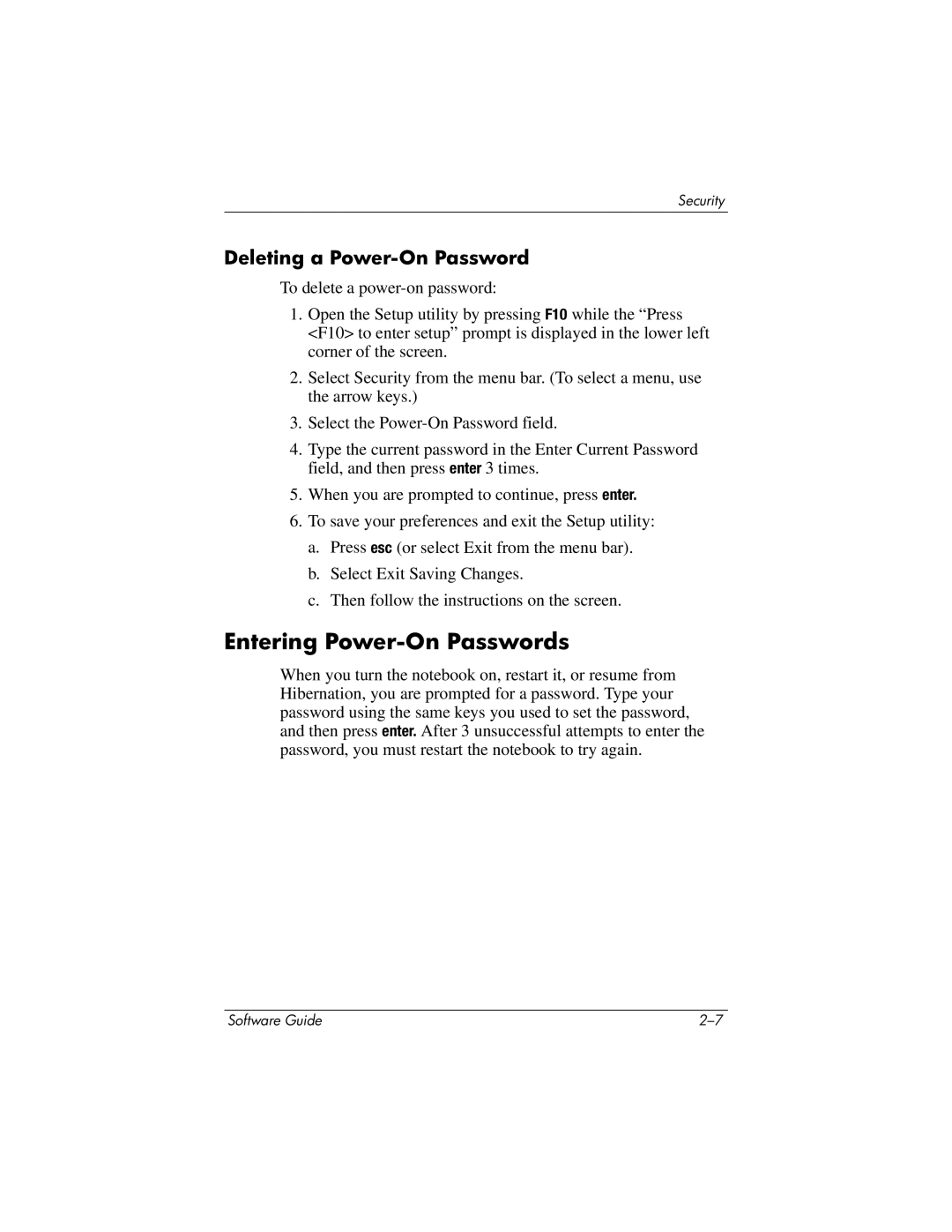 HP 355385-001 manual Entering Power-On Passwords, Deleting a Power-On Password 