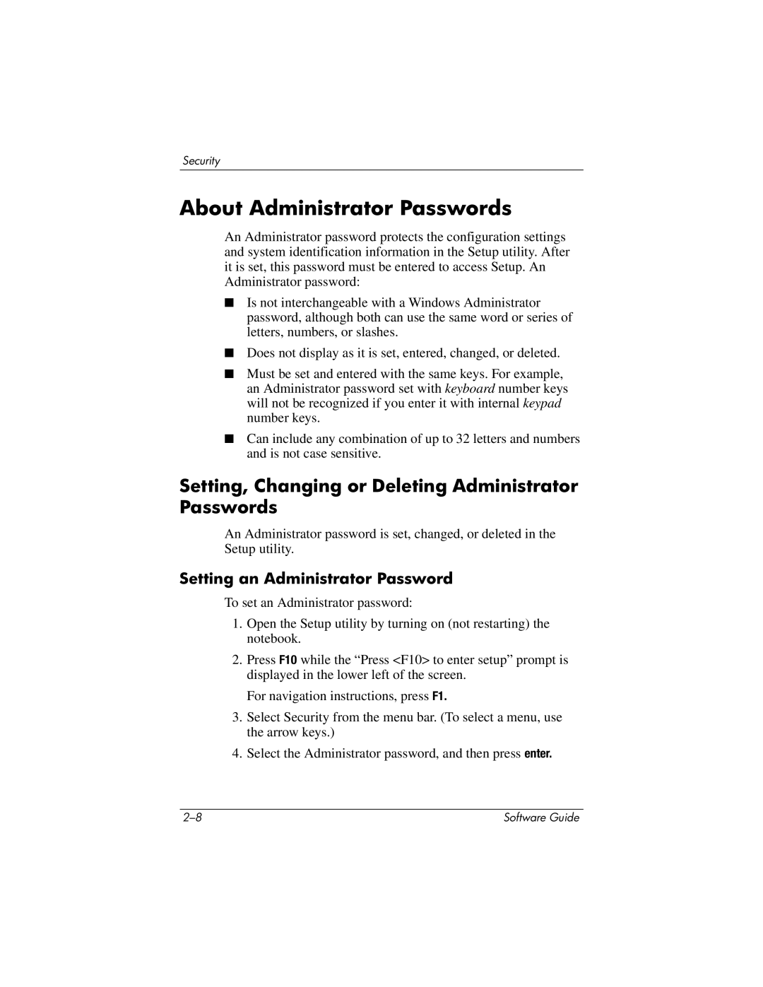 HP 355385-001 manual About Administrator Passwords, Setting, Changing or Deleting Administrator Passwords 