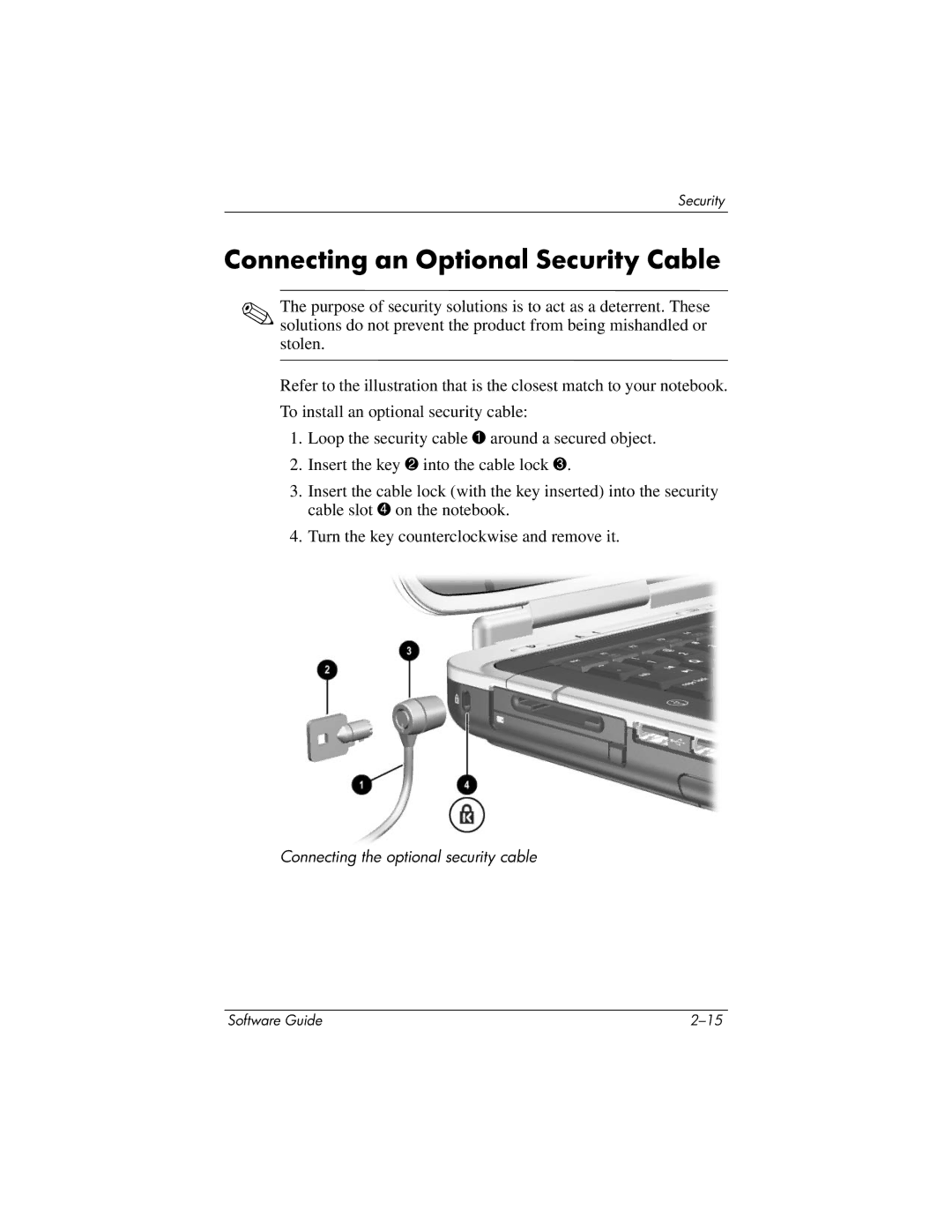 HP 355385-001 manual Connecting an Optional Security Cable 