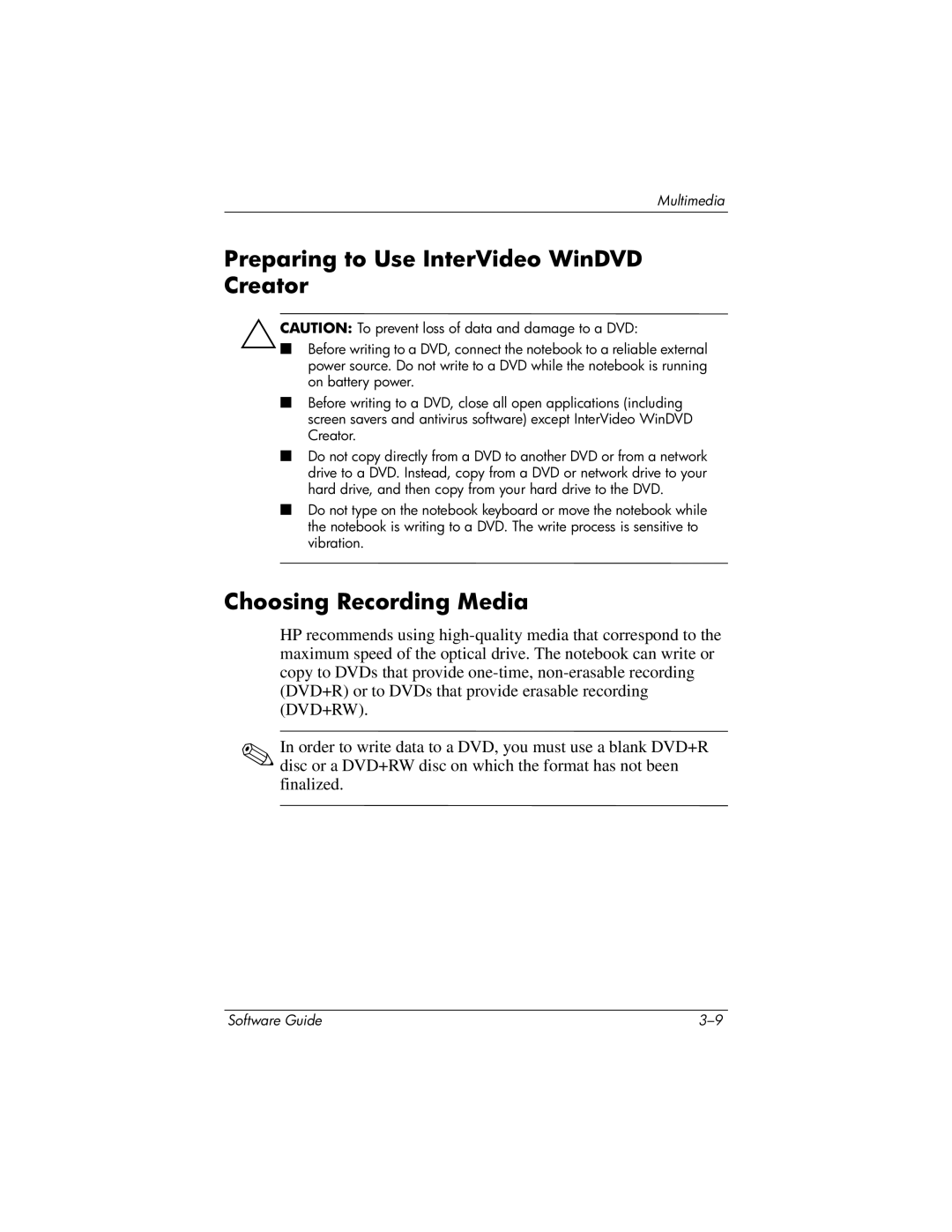 HP 355385-001 manual Preparing to Use InterVideo WinDVD Creator, Choosing Recording Media 