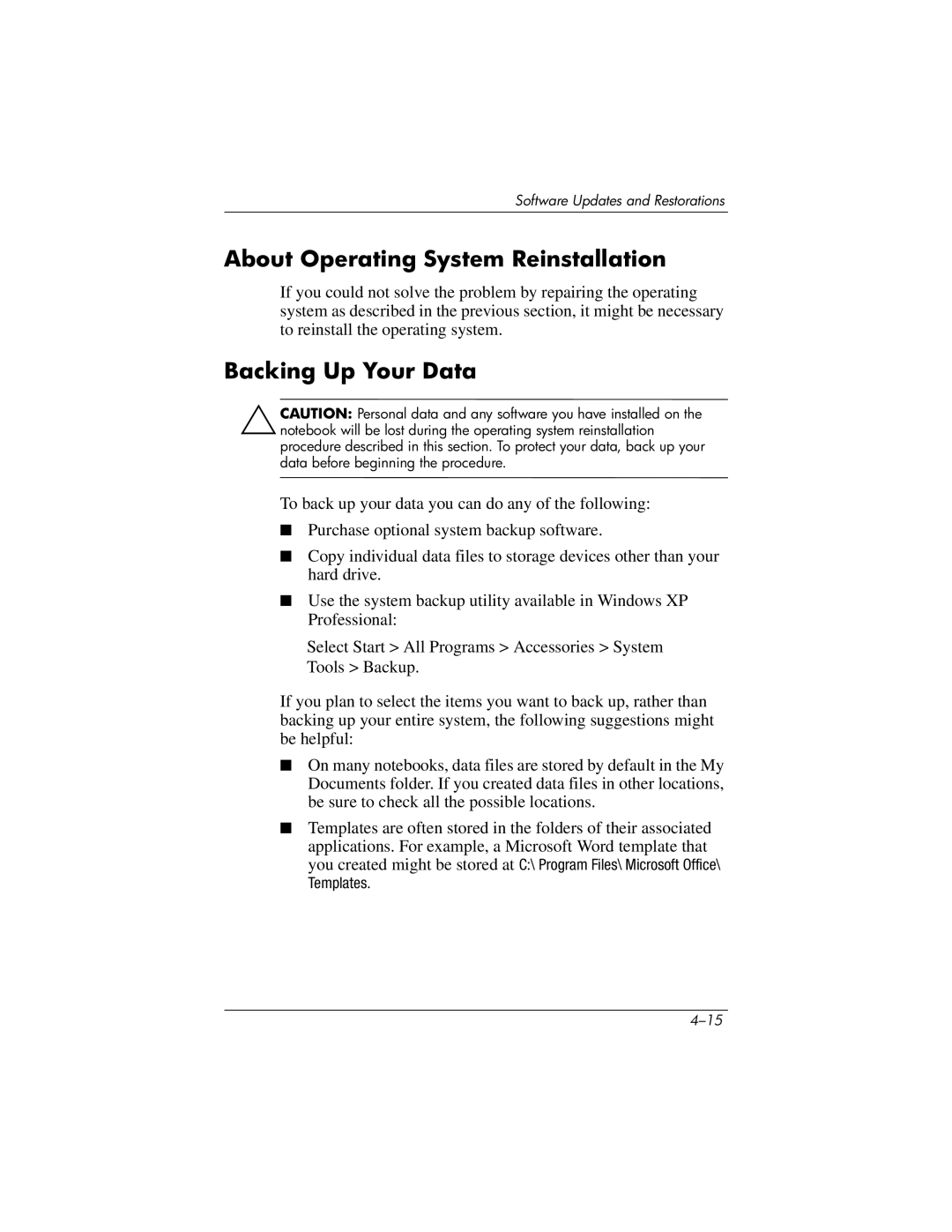 HP 355385-001 manual About Operating System Reinstallation, Backing Up Your Data 