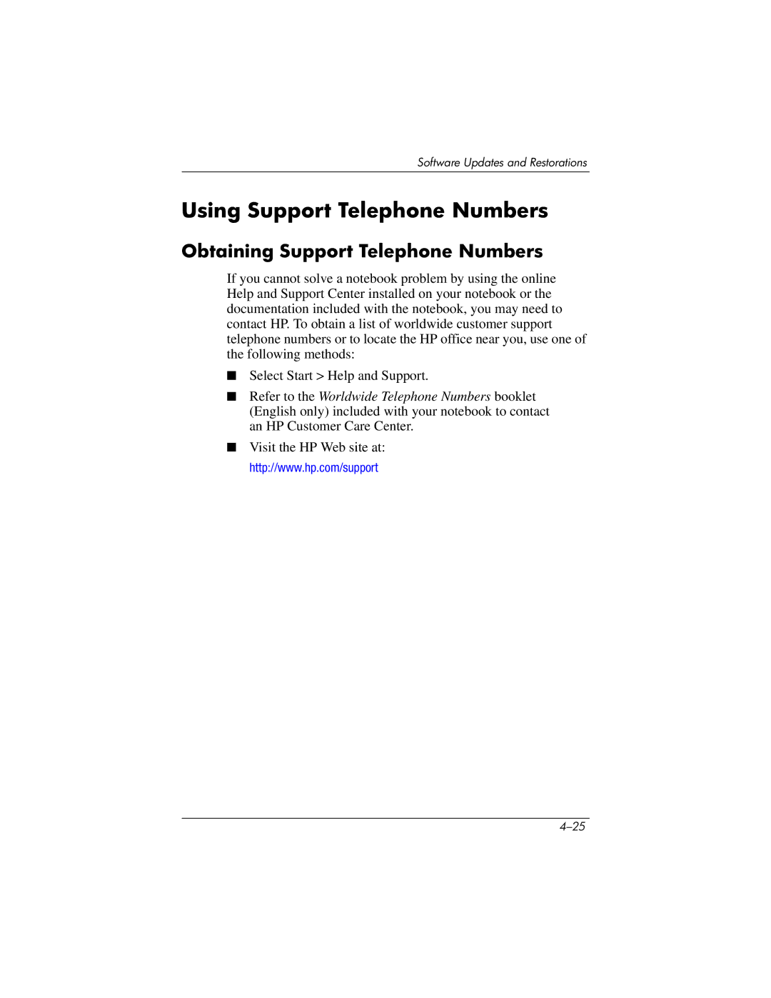 HP 355385-001 manual Using Support Telephone Numbers, Obtaining Support Telephone Numbers 