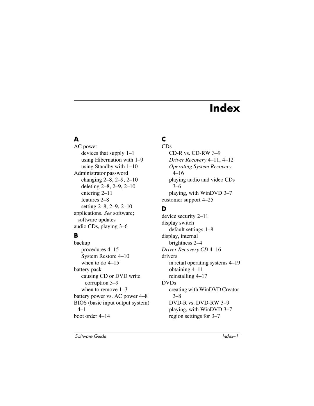 HP 355385-001 manual Index 