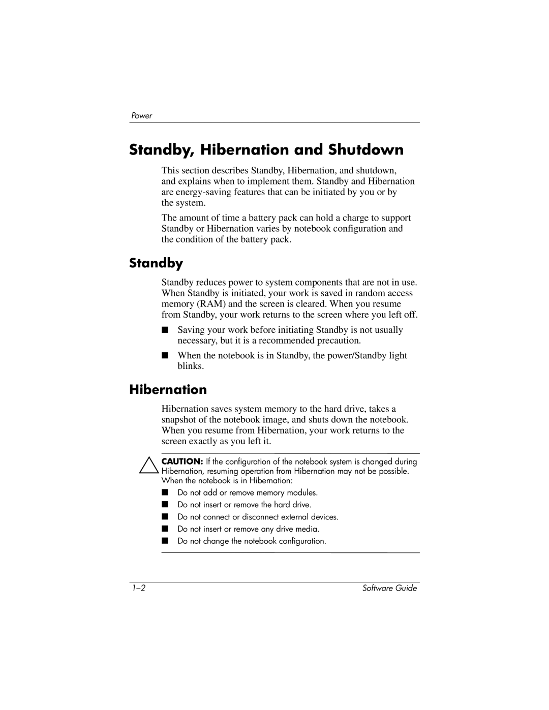 HP 355385-001 manual Standby, Hibernation and Shutdown 