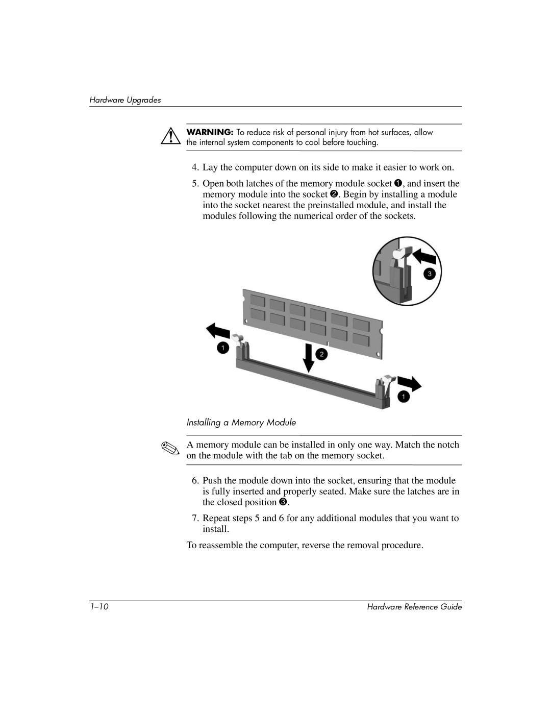 HP 355856-001 manual Installing a Memory Module 