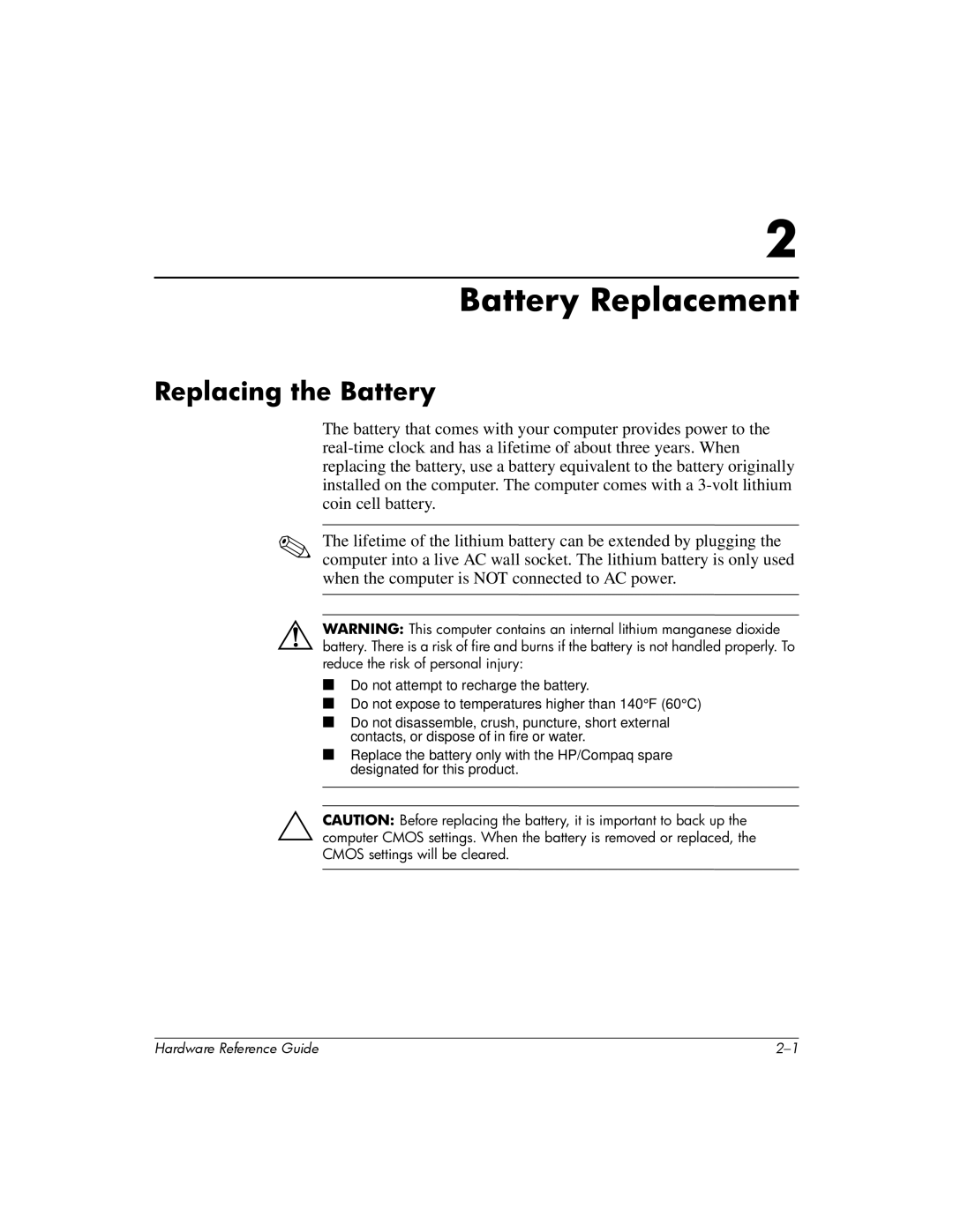 HP 355856-001 manual Battery Replacement, Replacing the Battery 