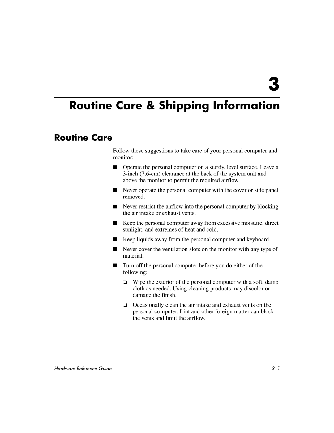 HP 355856-001 manual Routine Care & Shipping Information 