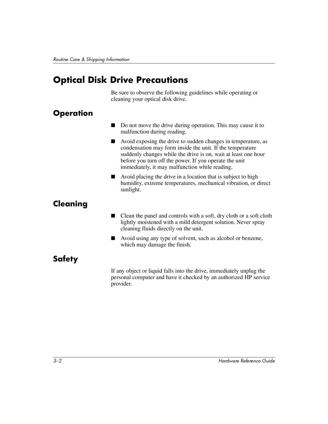 HP 355856-001 manual Optical Disk Drive Precautions, Operation, Cleaning, Safety 