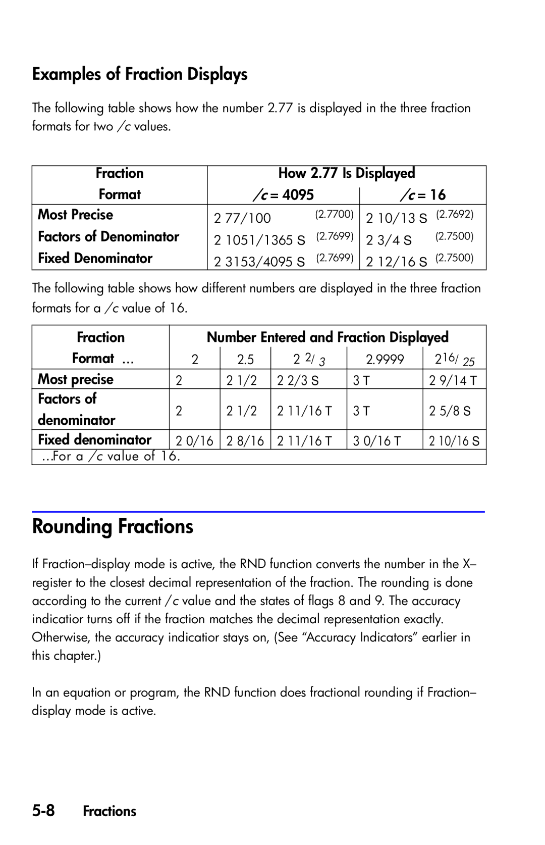 HP 35s Scientific manual Rounding Fractions, Examples of Fraction Displays 