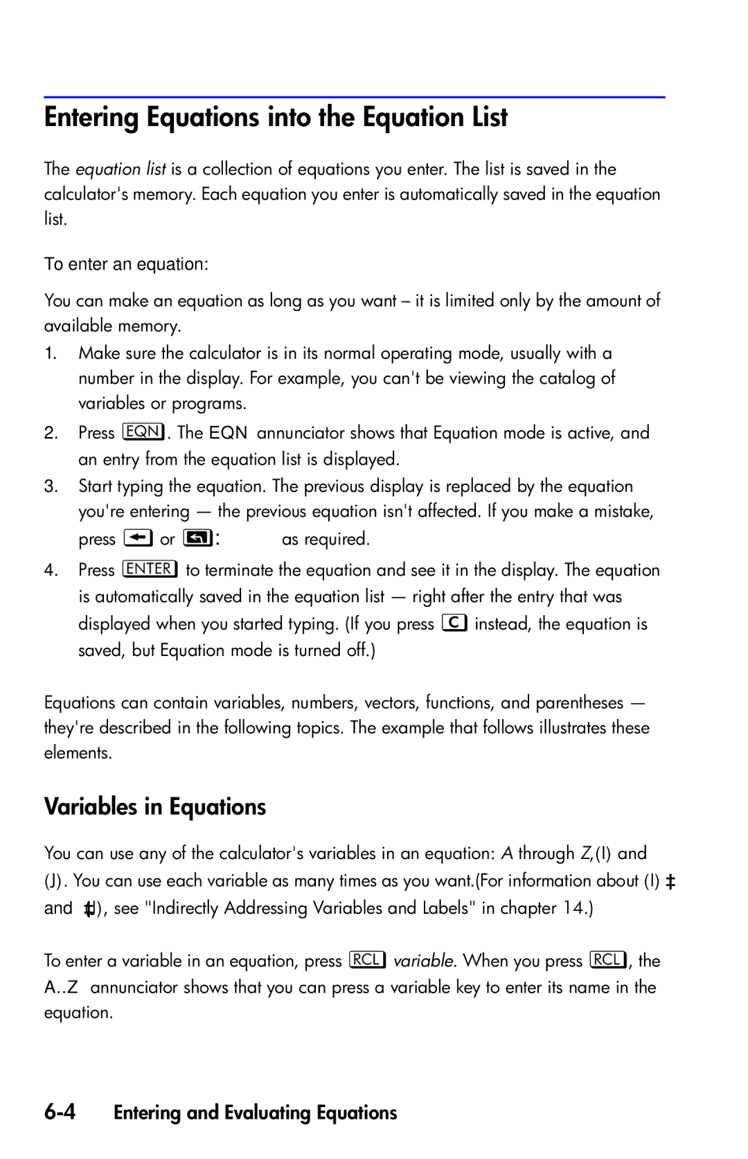 HP 35s Scientific Entering Equations into the Equation List, Variables in Equations, 4Entering and Evaluating Equations 