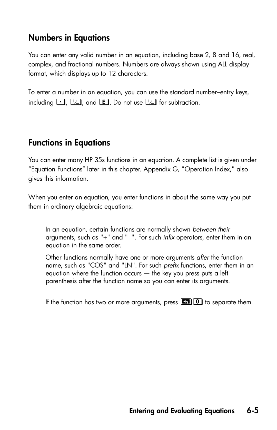 HP 35s Scientific manual Numbers in Equations, Functions in Equations 