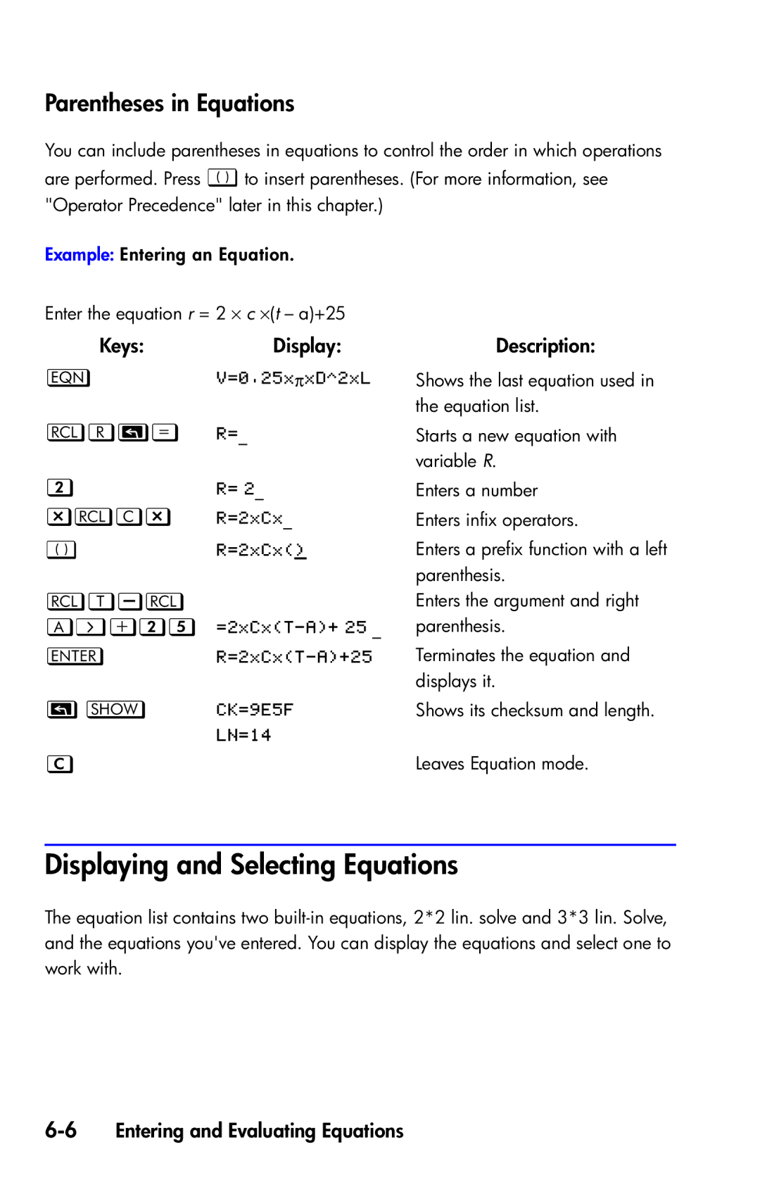 HP 35s Scientific manual Displaying and Selecting Equations, Parentheses in Equations,  ,  