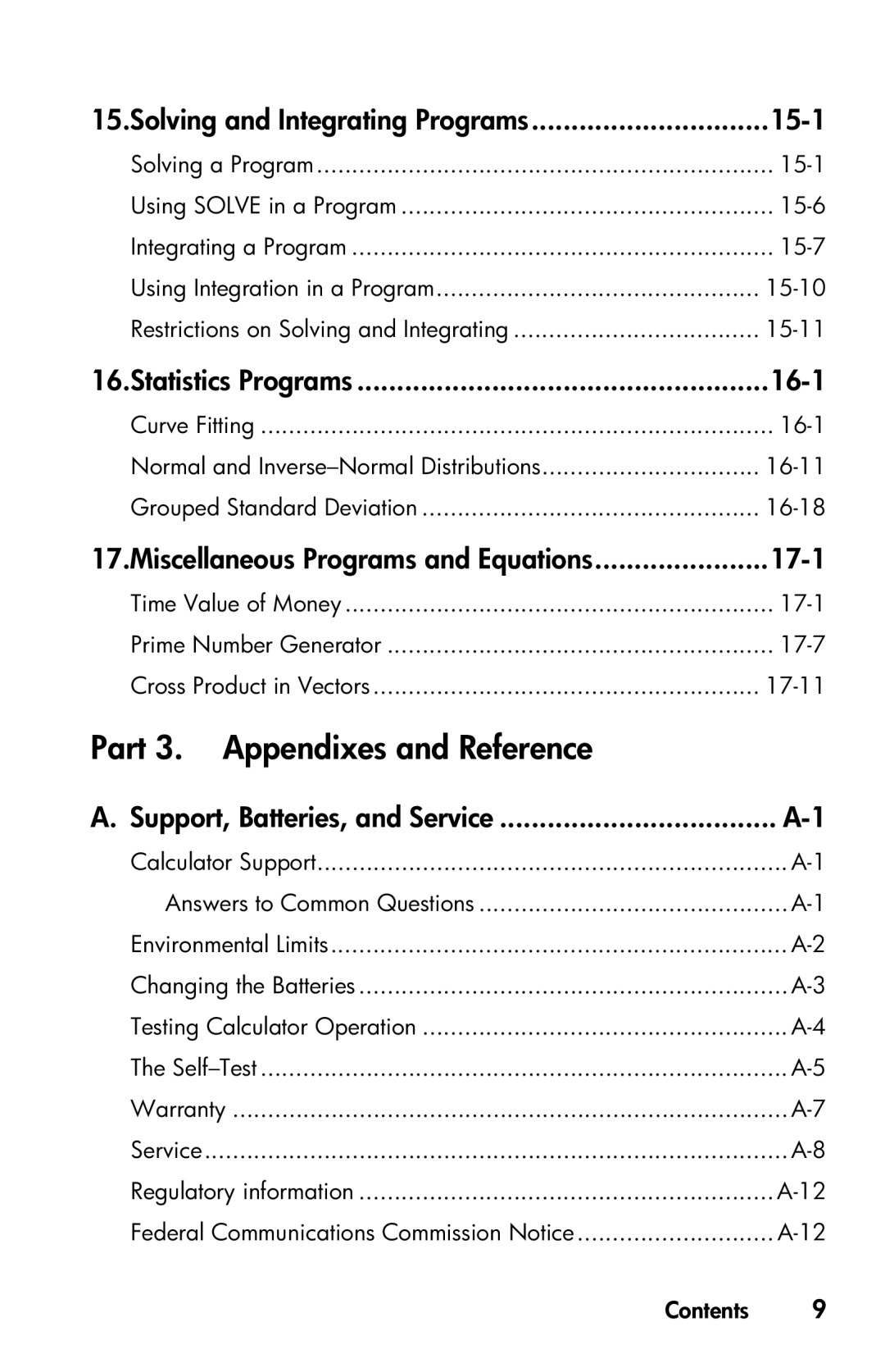 HP 35s Scientific Part 3. Appendixes and Reference, Solving and Integrating Programs 15-1, Statistics Programs 16-1, 17-1 