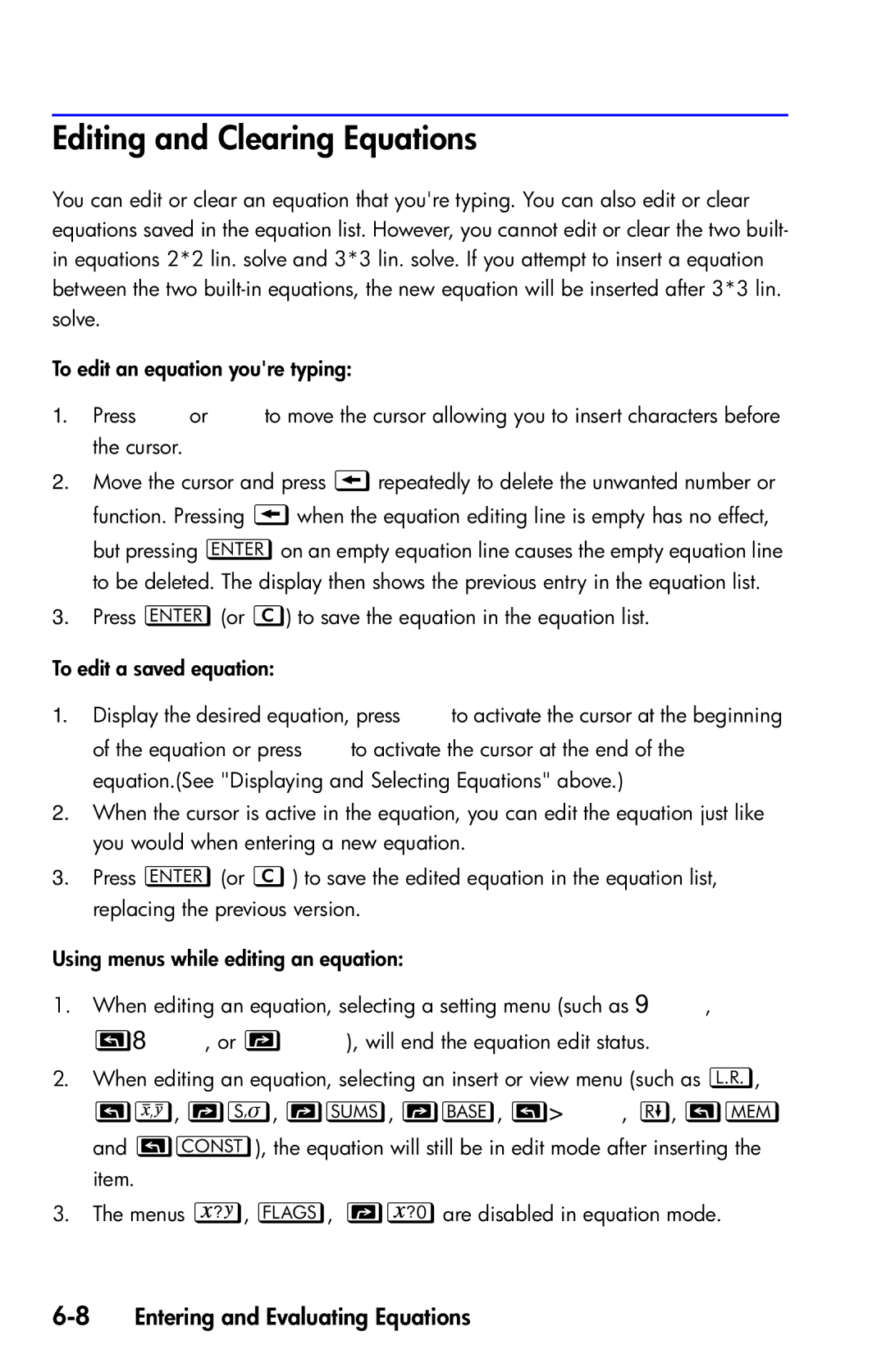 HP 35s Scientific manual Editing and Clearing Equations, 8Entering and Evaluating Equations 