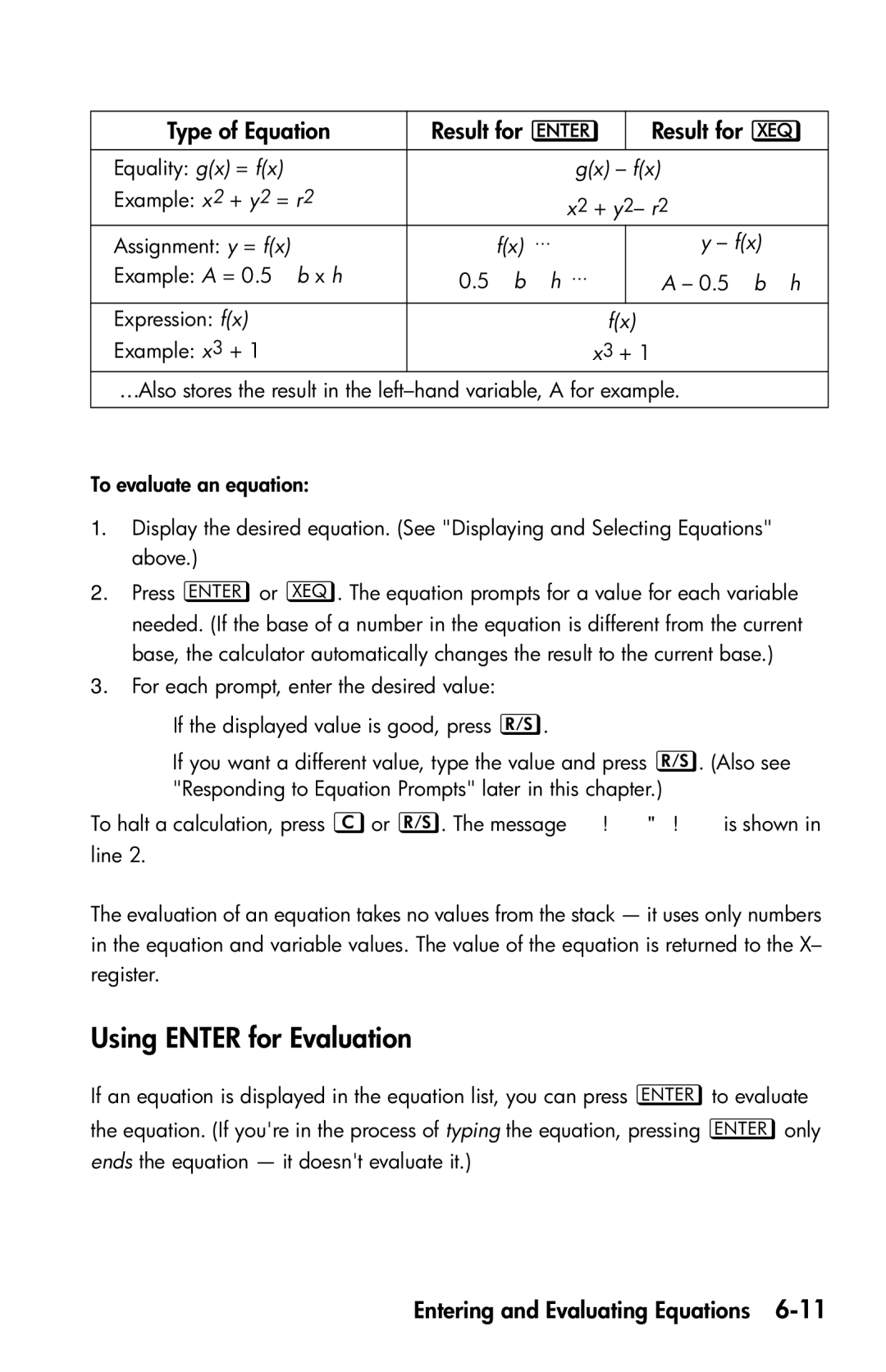 HP 35s Scientific manual Using Enter for Evaluation, Type of Equation Result for  Result for  