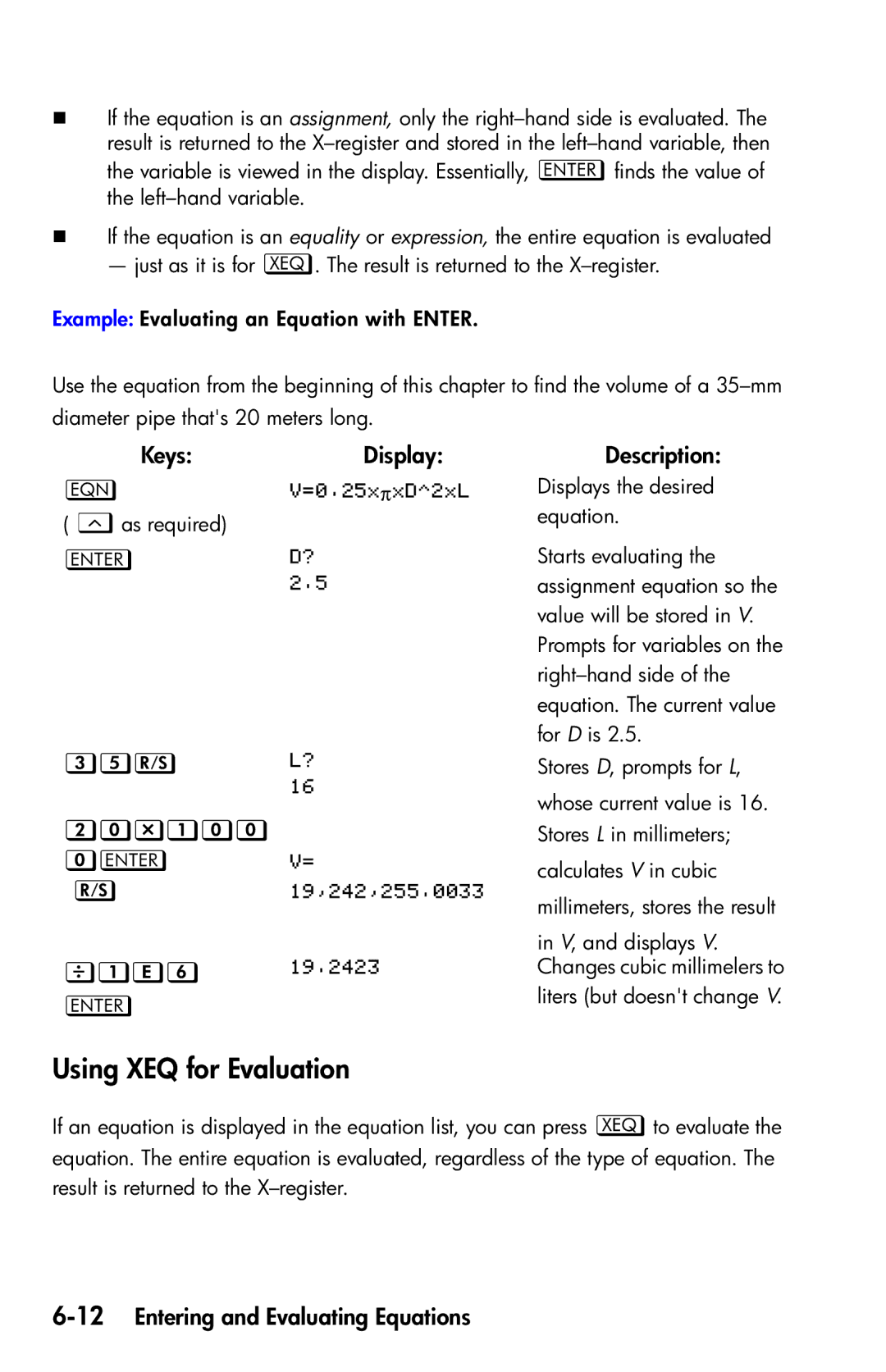 HP 35s Scientific manual Using XEQ for Evaluation,      , 12Entering and Evaluating Equations 