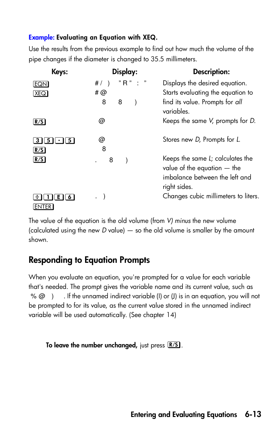 HP 35s Scientific manual Responding to Equation Prompts, ,  