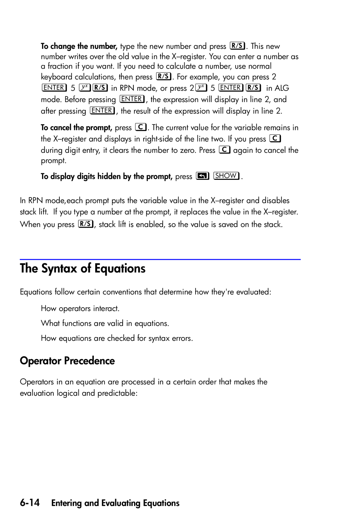 HP 35s Scientific manual Syntax of Equations, Operator Precedence, 14Entering and Evaluating Equations 