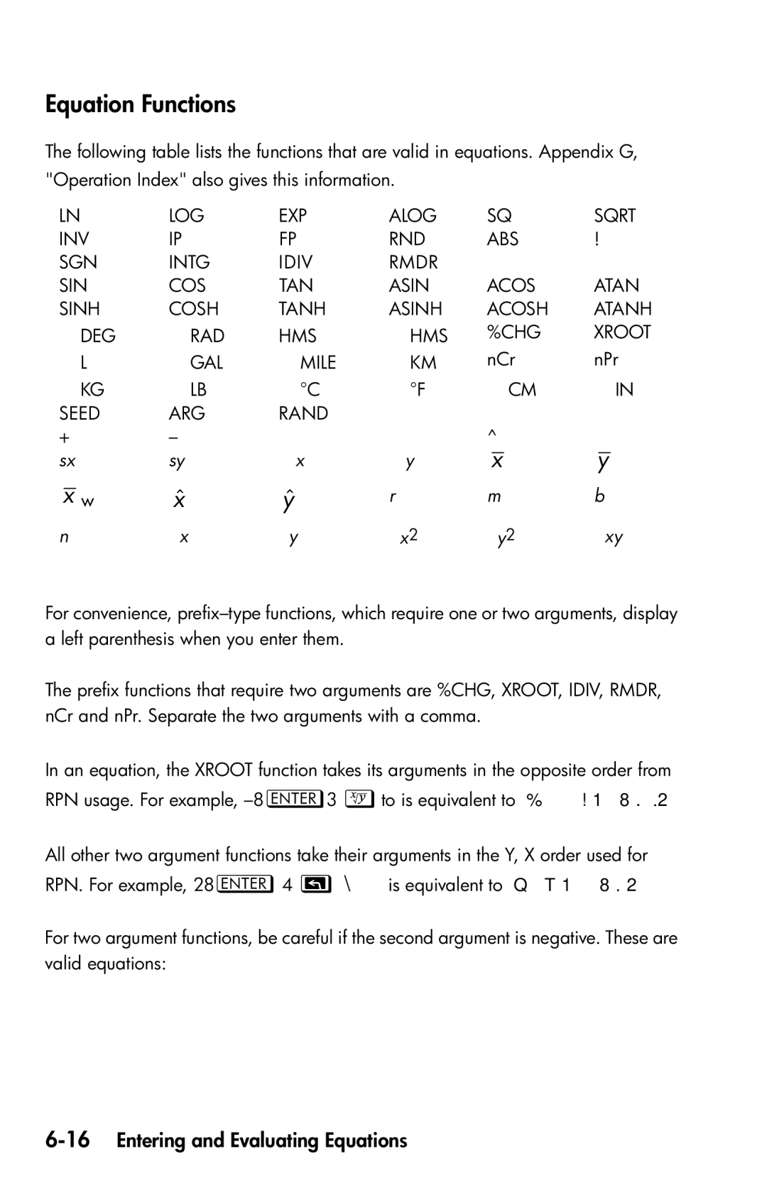 HP 35s Scientific manual Equation Functions, 16Entering and Evaluating Equations, Σxy 