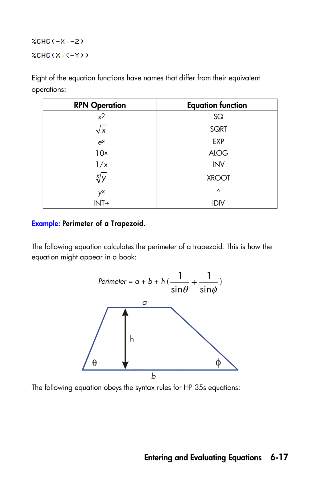 HP 35s Scientific manual RPN Operation Equation function, Perimeter = a + b + h sin1θ + sin1φ 