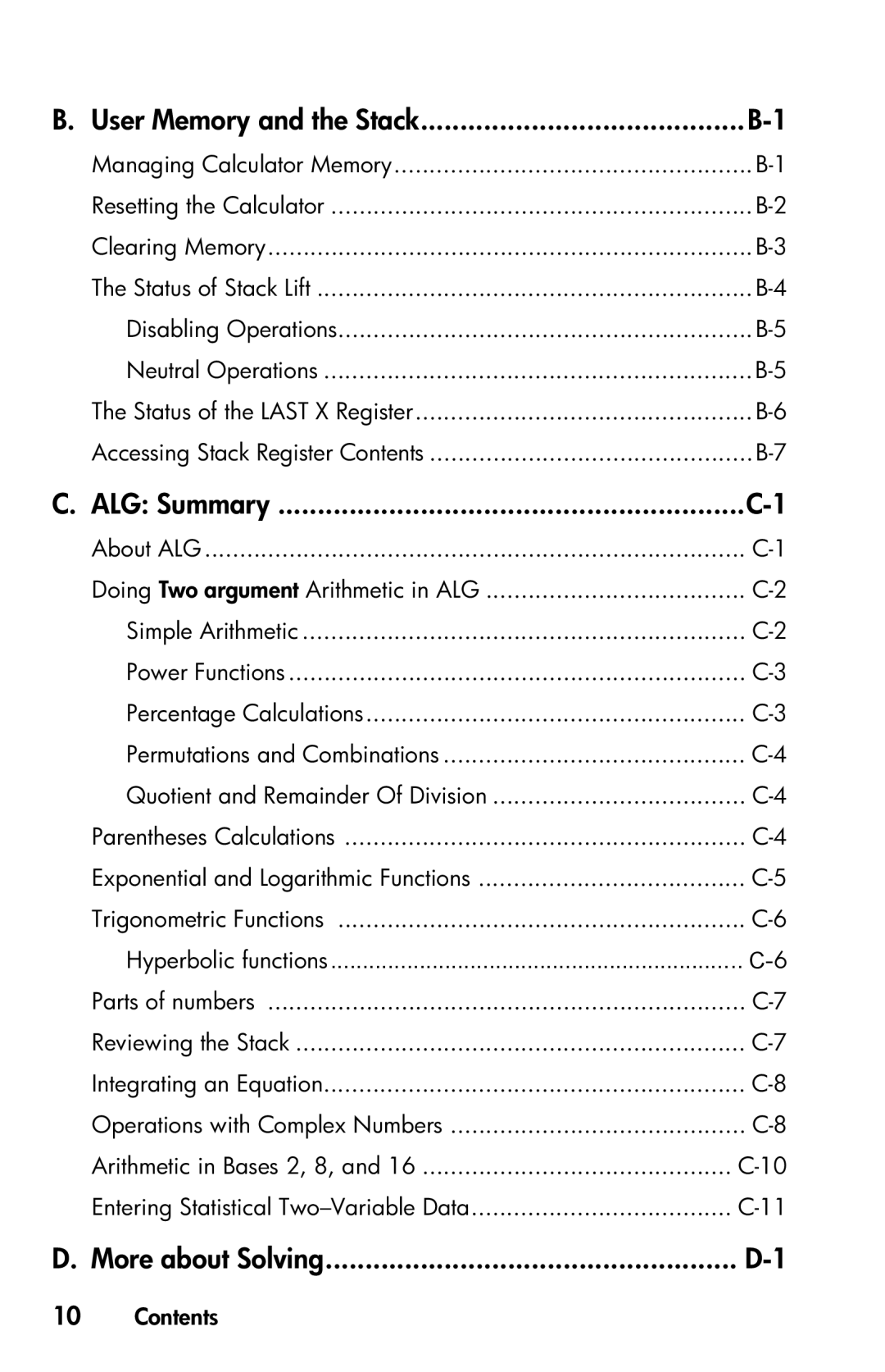 HP 35s Scientific manual User Memory and the Stack, ALG Summary, More about Solving 