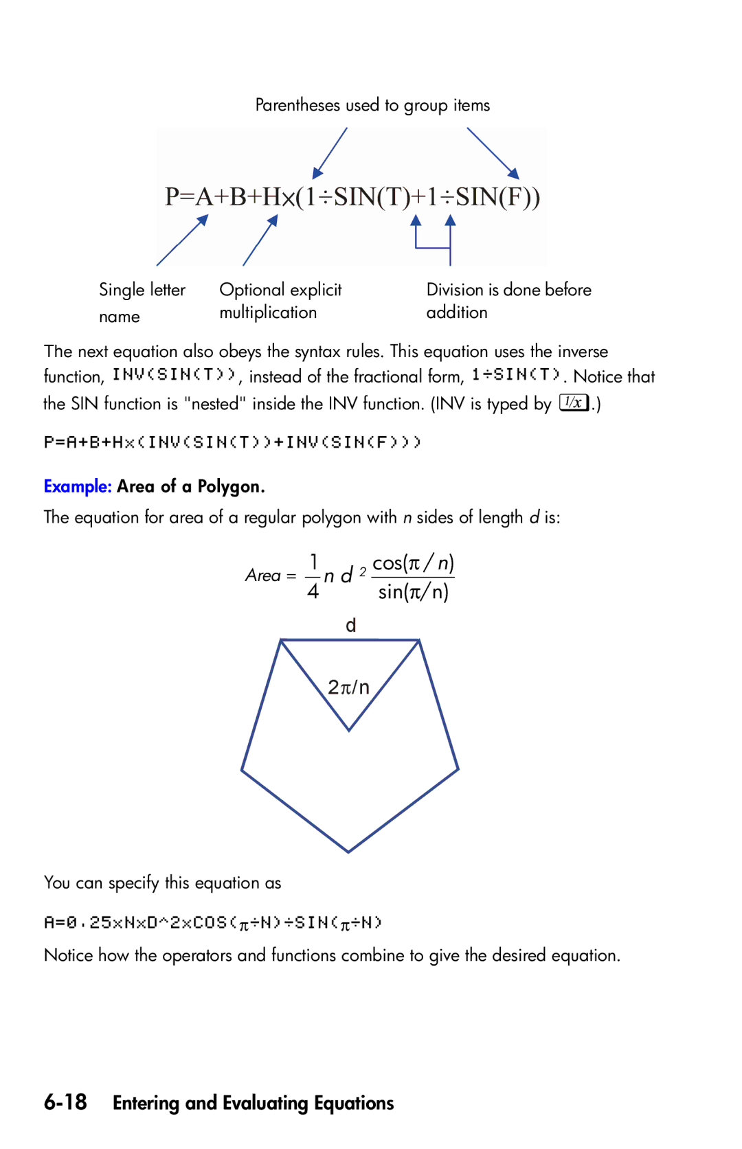 HP 35s Scientific manual 18Entering and Evaluating Equations, Area = 