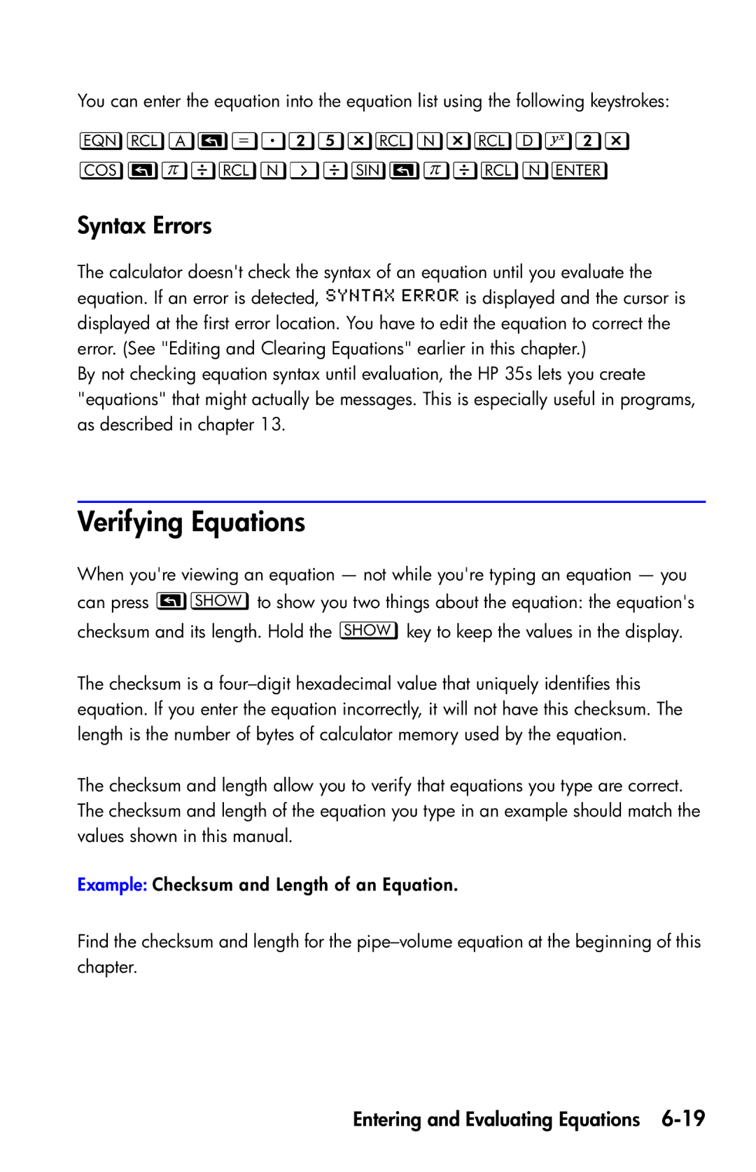 HP 35s Scientific manual Verifying Equations, Syntax Errors,  Õ 