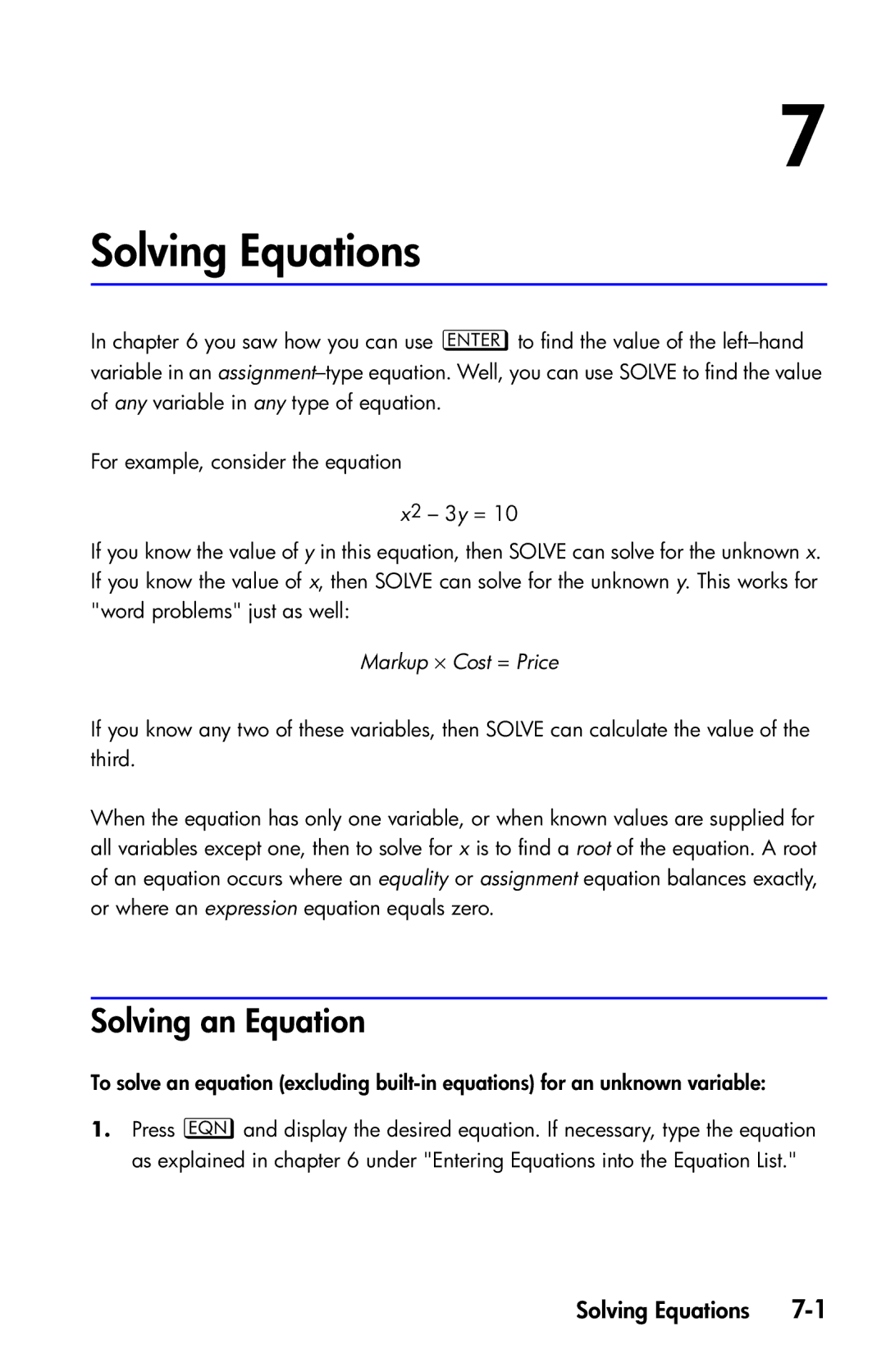 HP 35s Scientific manual Solving Equations, Solving an Equation, Markup ⋅ Cost = Price 