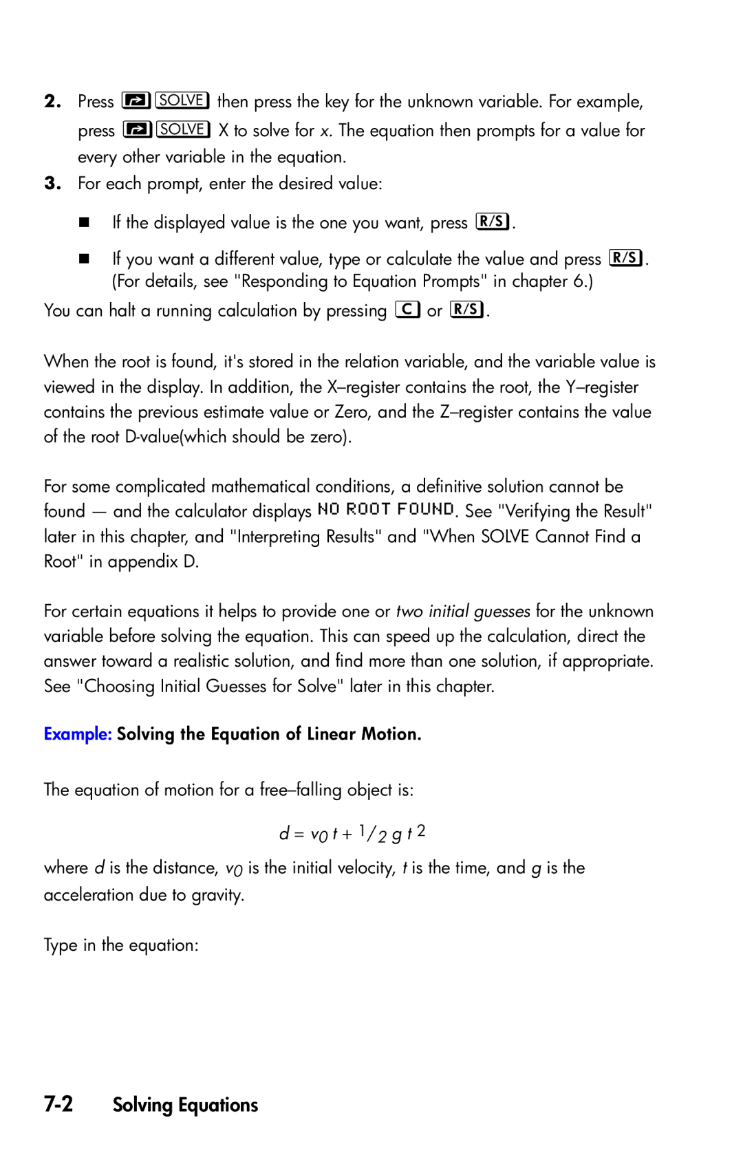 HP 35s Scientific manual 2Solving Equations, = v0 t + 1/2 g t 