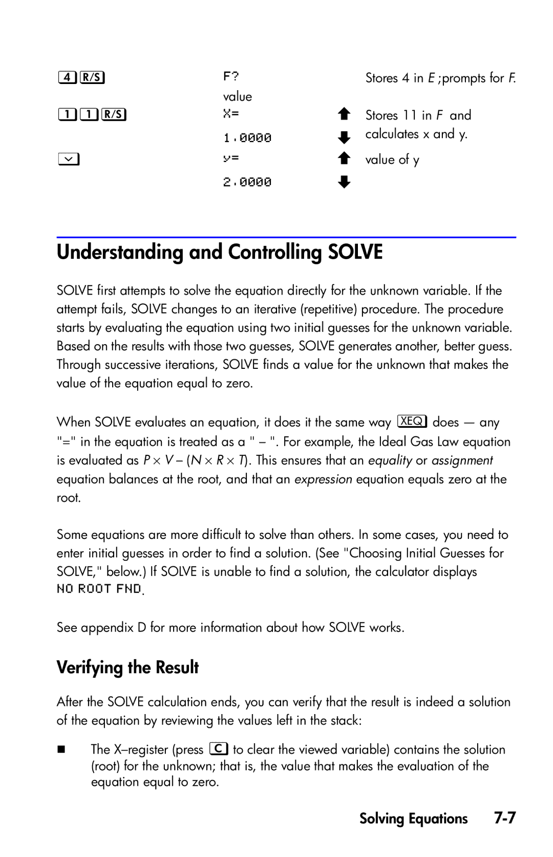 HP 35s Scientific manual Understanding and Controlling Solve, Verifying the Result,  