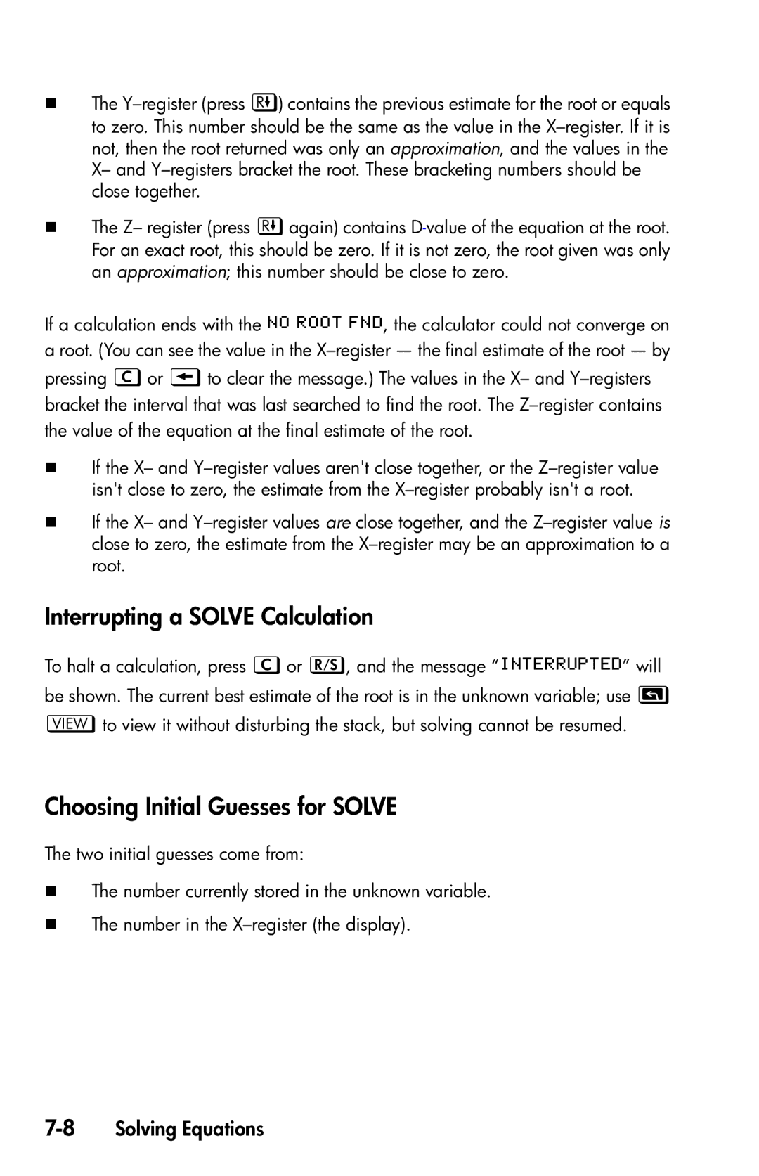 HP 35s Scientific manual Interrupting a Solve Calculation, Choosing Initial Guesses for Solve, 8Solving Equations 