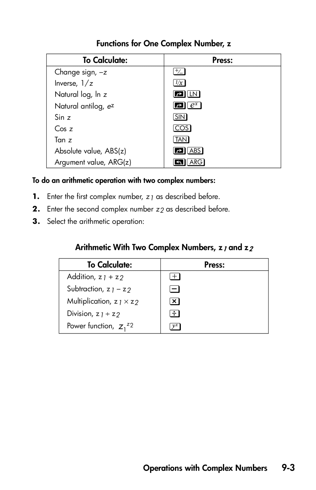 HP 35s Scientific manual Functions for One Complex Number, z To Calculate Press 