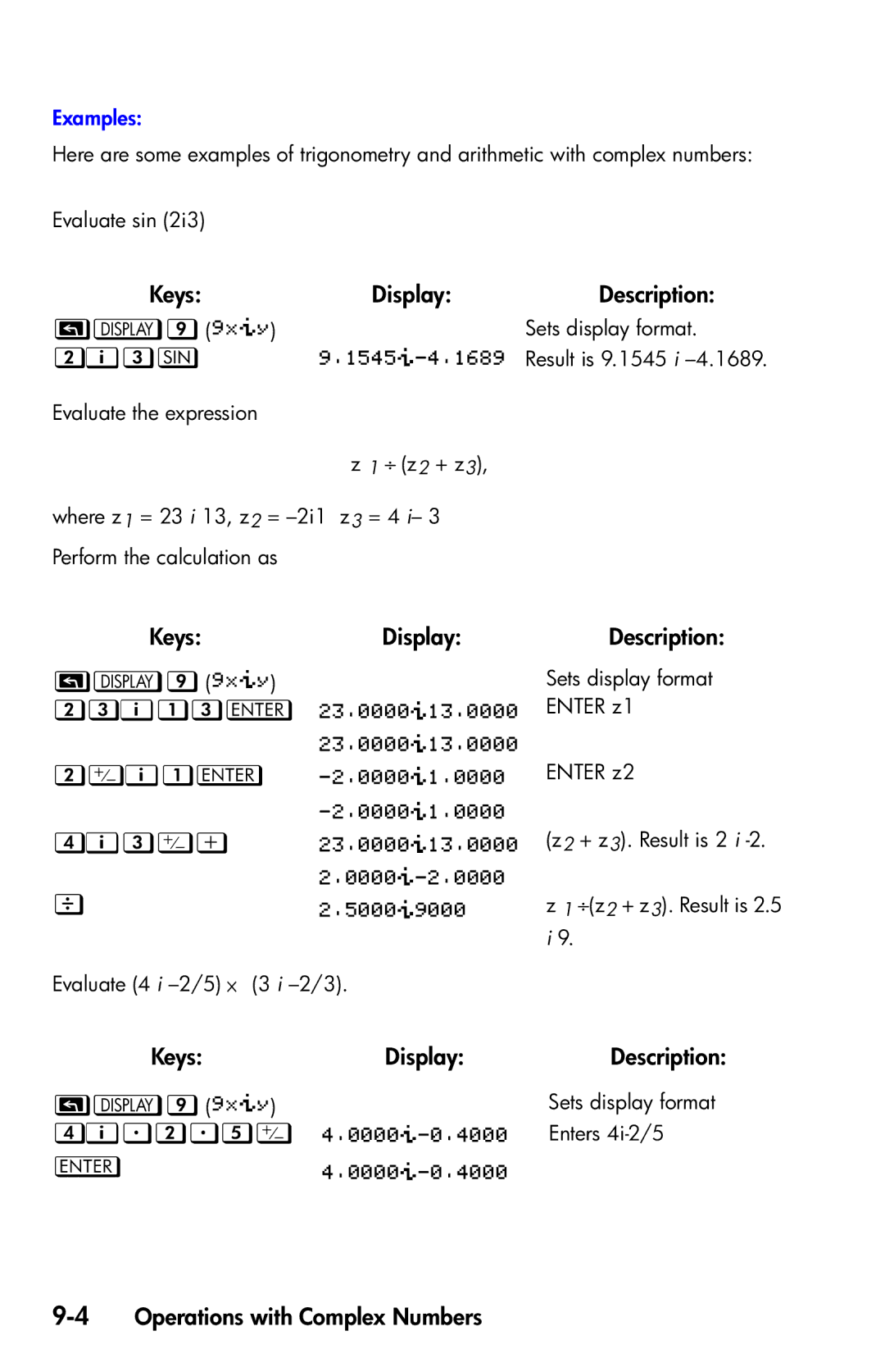 HP 35s Scientific manual 8  6, 8  6 6 6, Display Description, 4Operations with Complex Numbers 