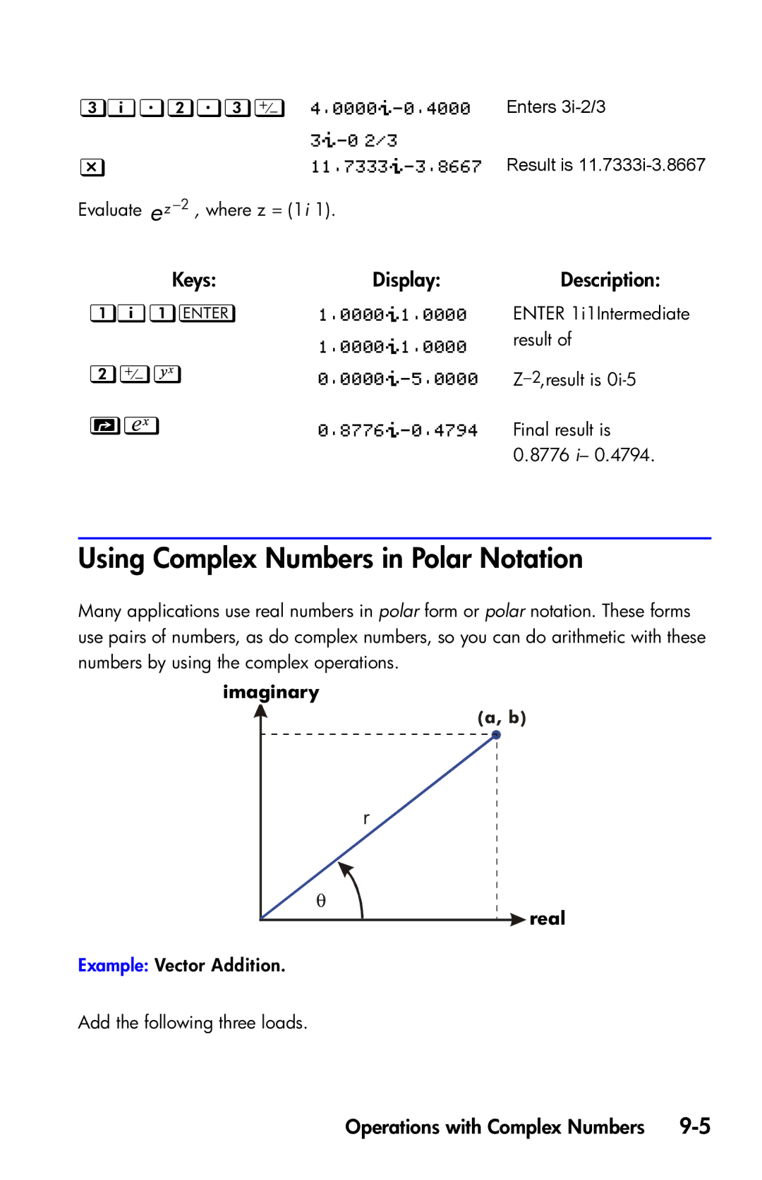 HP 35s Scientific manual Using Complex Numbers in Polar Notation, KeysDisplay 