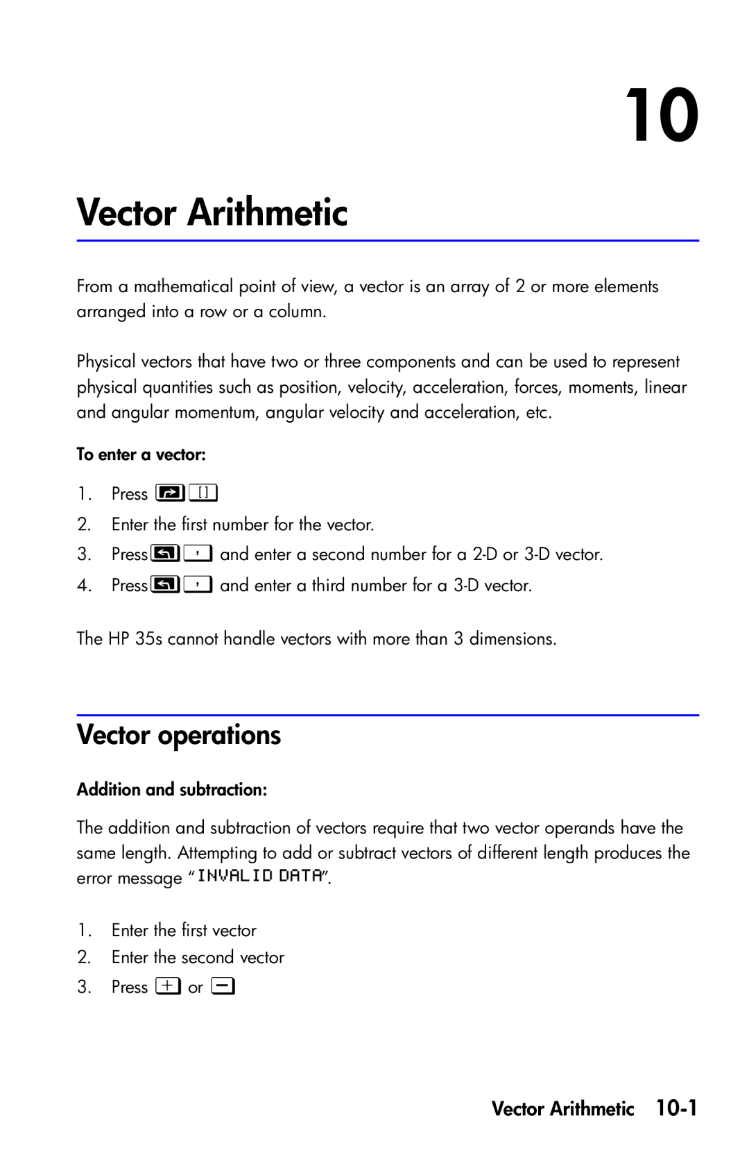 HP 35s Scientific manual Vector Arithmetic, Vector operations 