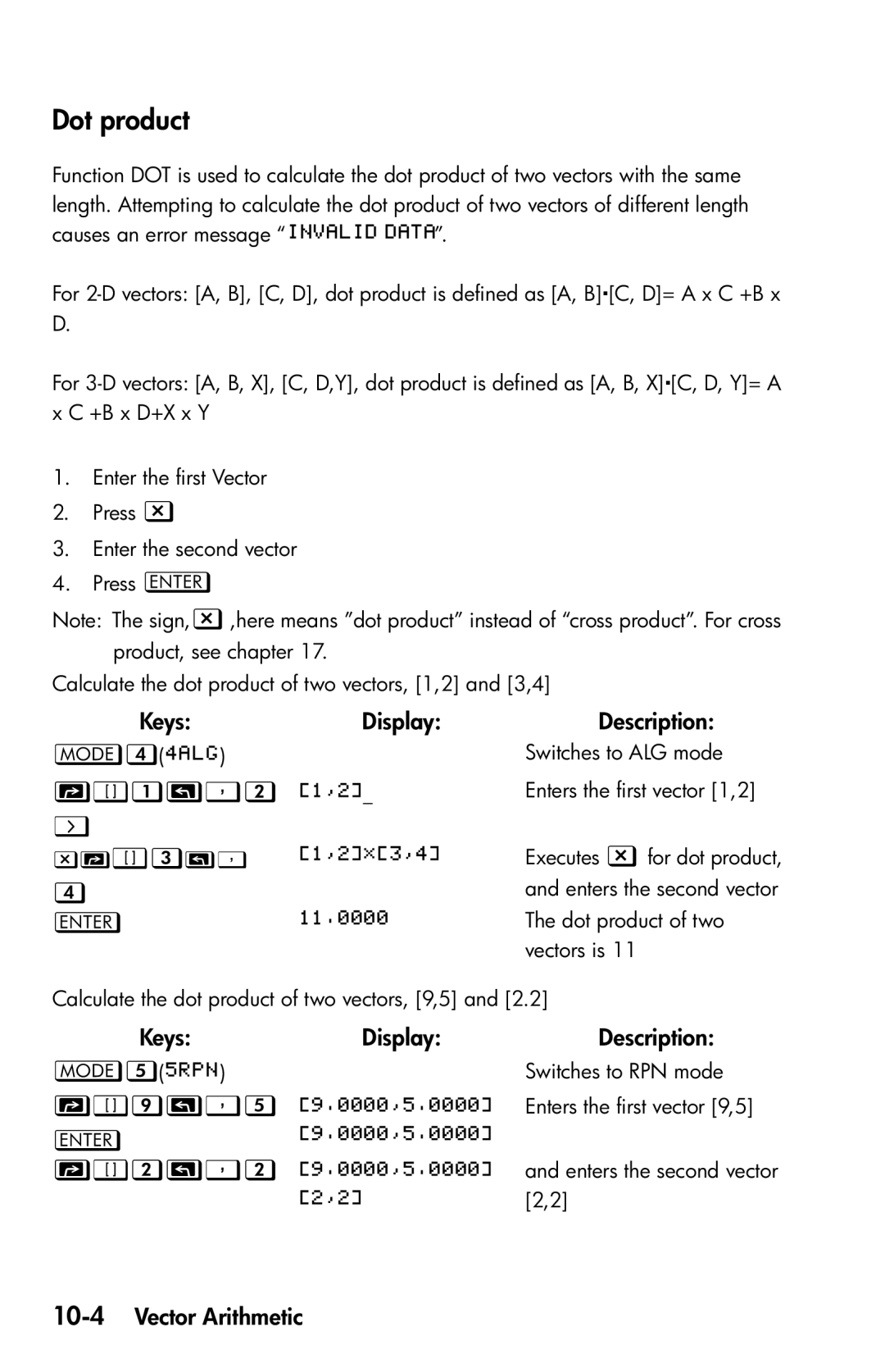 HP 35s Scientific manual Dot product,   , 3 3, 10-4Vector Arithmetic 