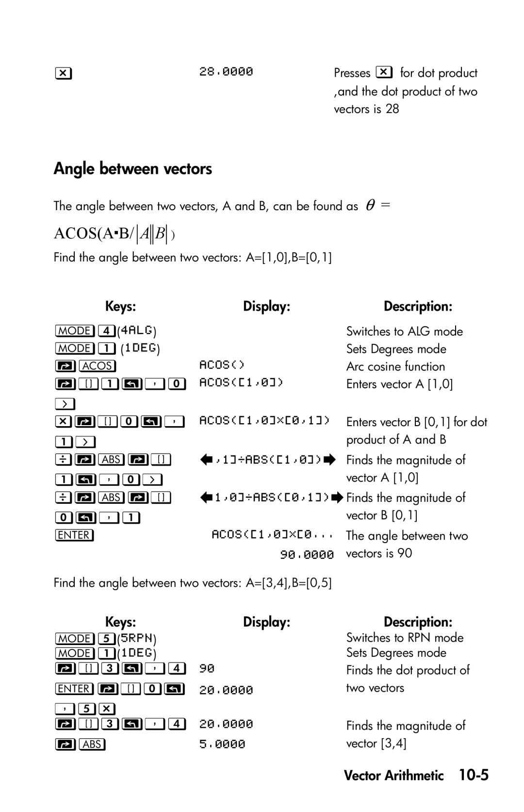 HP 35s Scientific manual Angle between vectors,  Õ,  , 3  , 3   