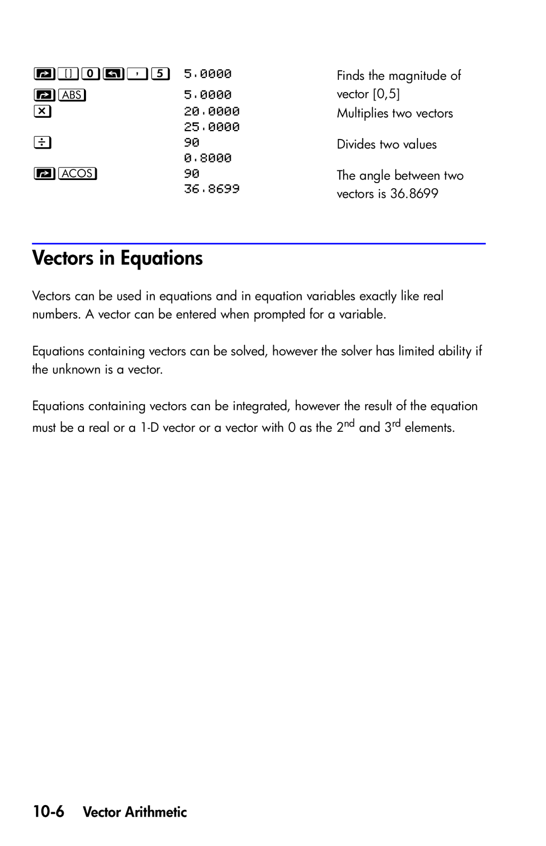 HP 35s Scientific manual Vectors in Equations, 3  , 10-6Vector Arithmetic 