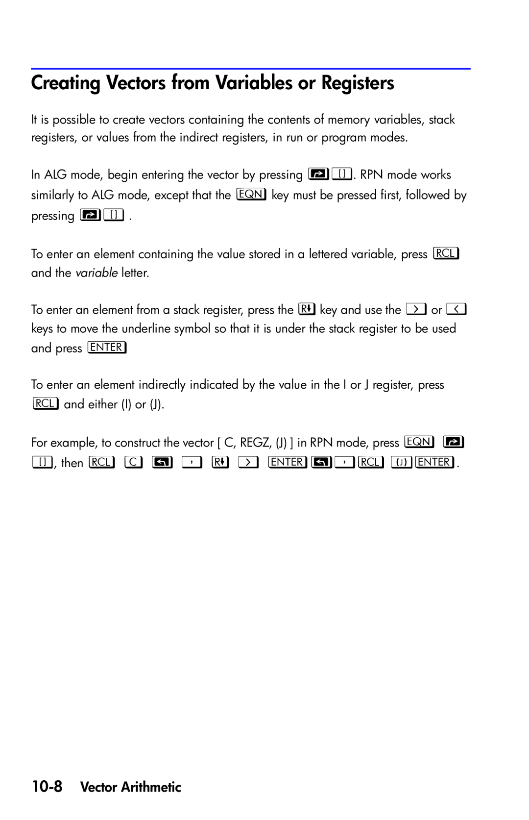 HP 35s Scientific manual Creating Vectors from Variables or Registers, Then hC Õ hA, 10-8Vector Arithmetic 