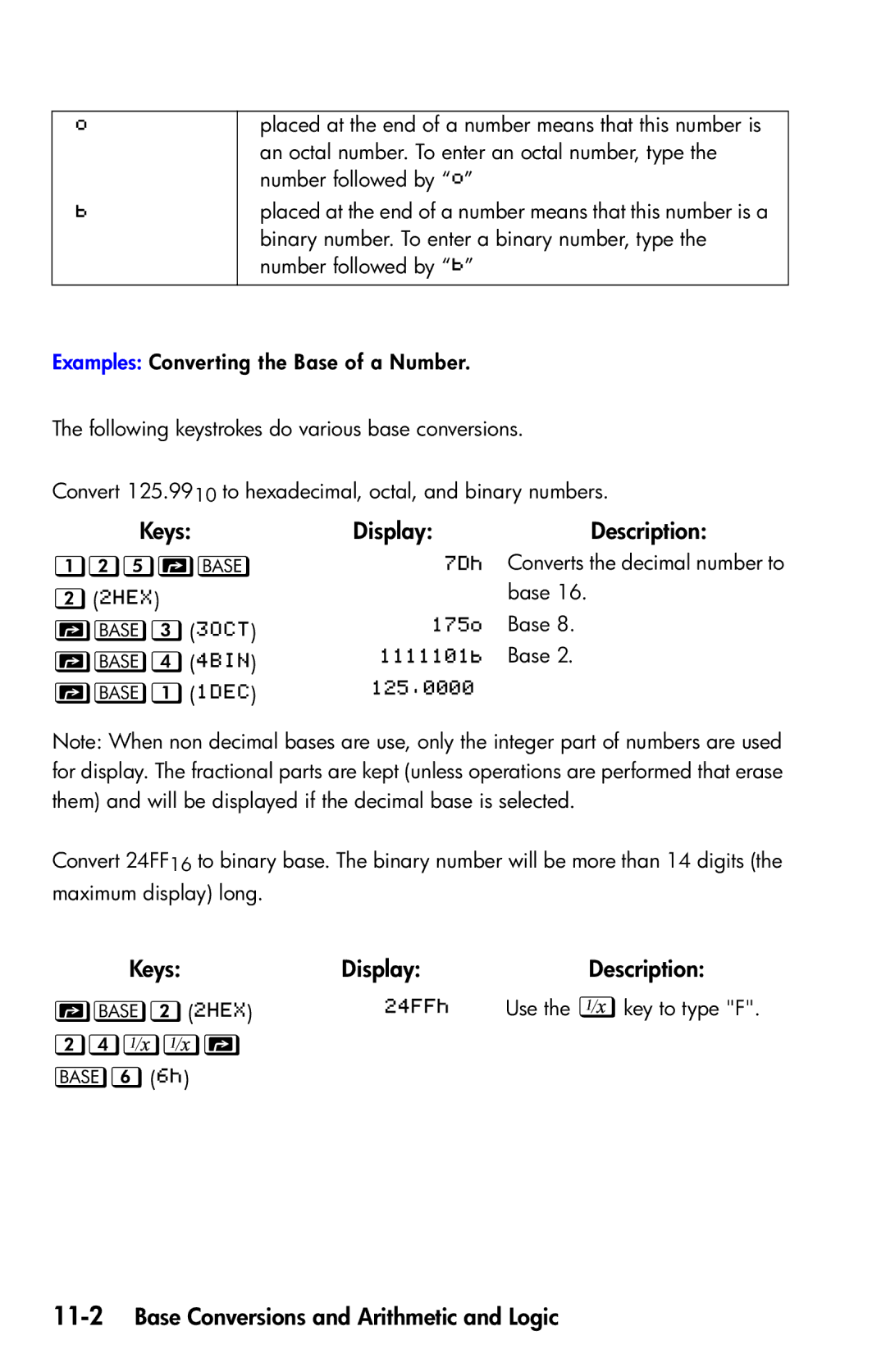 HP 35s Scientific manual ,   , 11-2Base Conversions and Arithmetic and Logic 