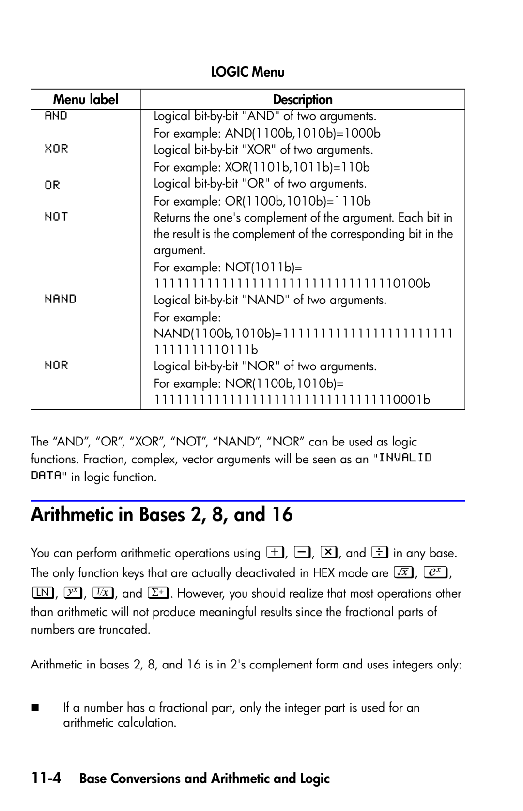 HP 35s Scientific manual Arithmetic in Bases 2, 8, Logic Menu, 11-4Base Conversions and Arithmetic and Logic 