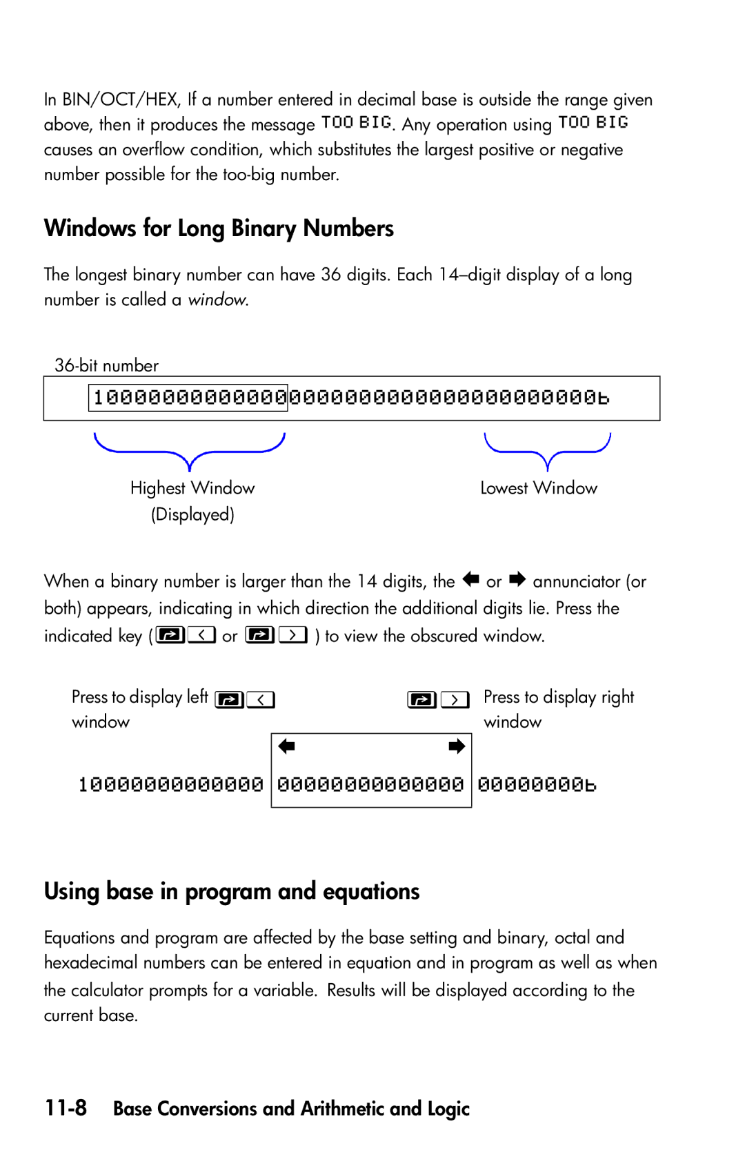 HP 35s Scientific manual Windows for Long Binary Numbers, Using base in program and equations 