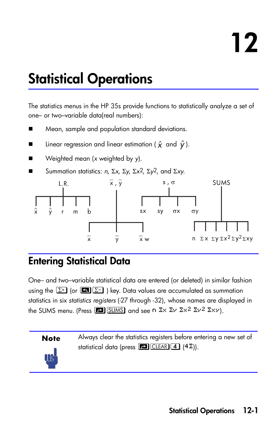 HP 35s Scientific manual Statistical Operations, Entering Statistical Data 