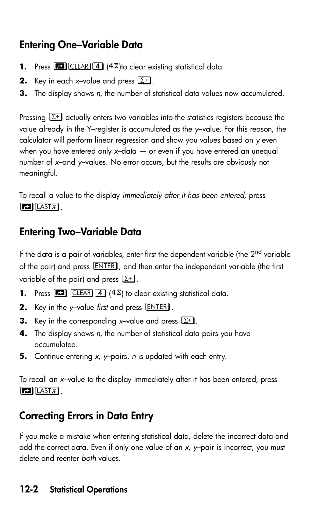 HP 35s Scientific manual Entering One-Variable Data, Entering Two-Variable Data, Correcting Errors in Data Entry 