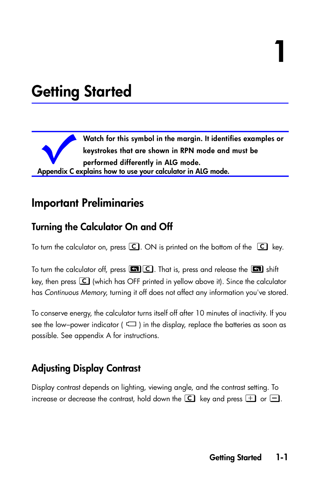 HP 35s Scientific Getting Started, Important Preliminaries, Turning the Calculator On and Off, Adjusting Display Contrast 