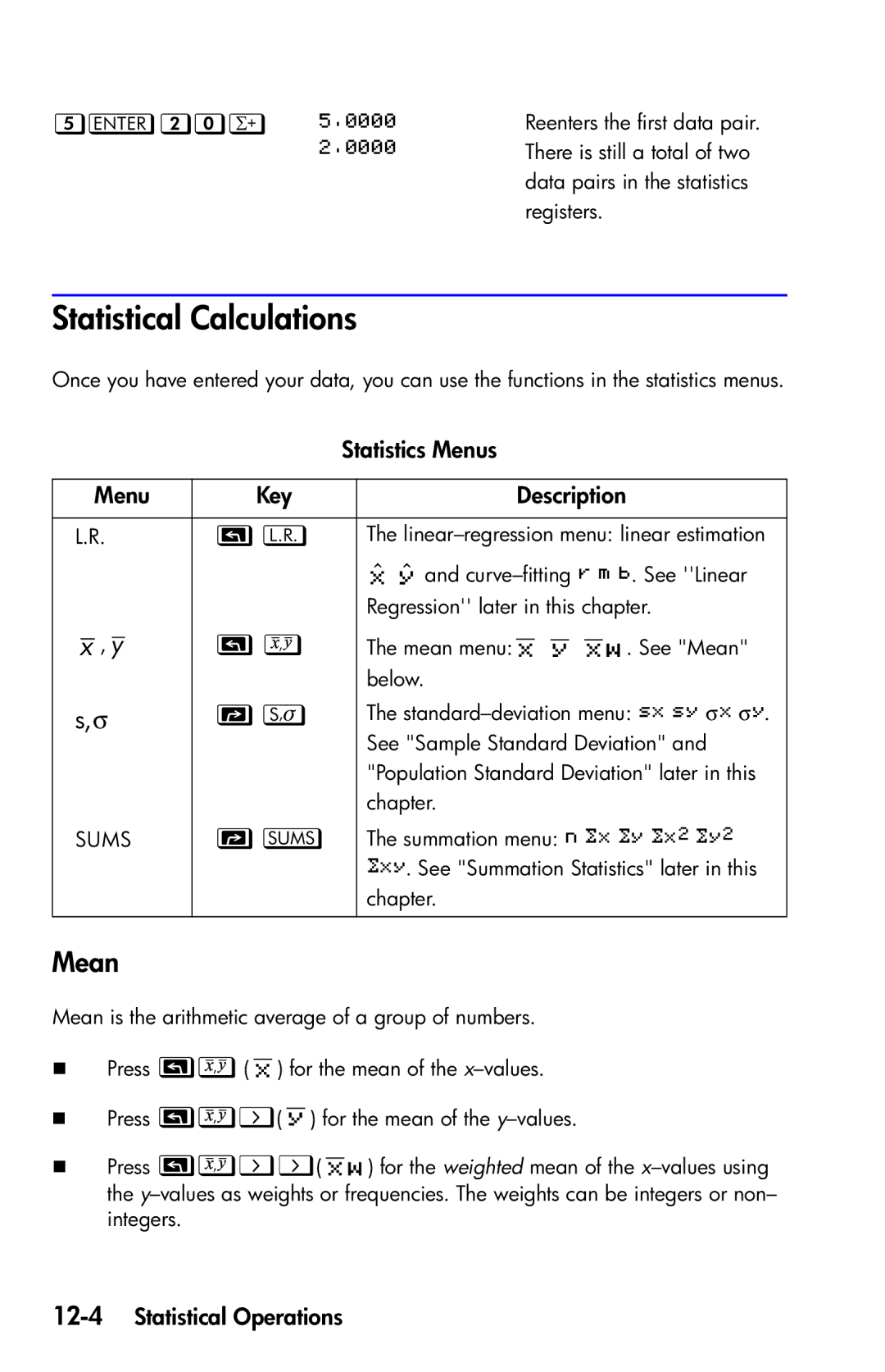 HP 35s Scientific manual Statistical Calculations, Mean, Statistics Menus, Menu Key Description, 12-4Statistical Operations 